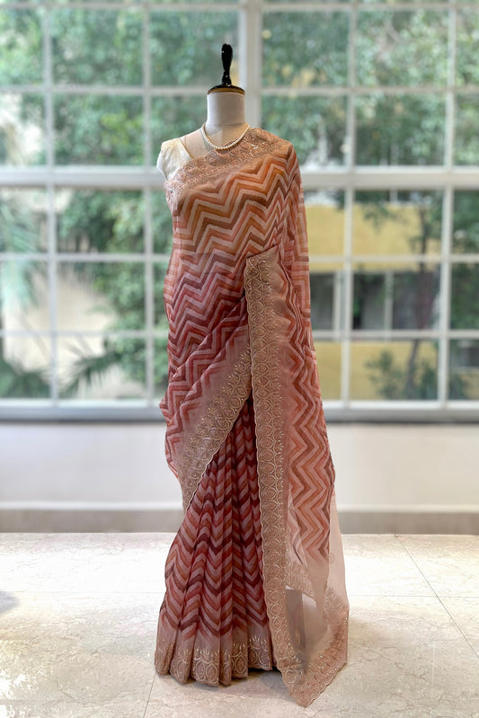 Leheriya print soft organza saree - Orange