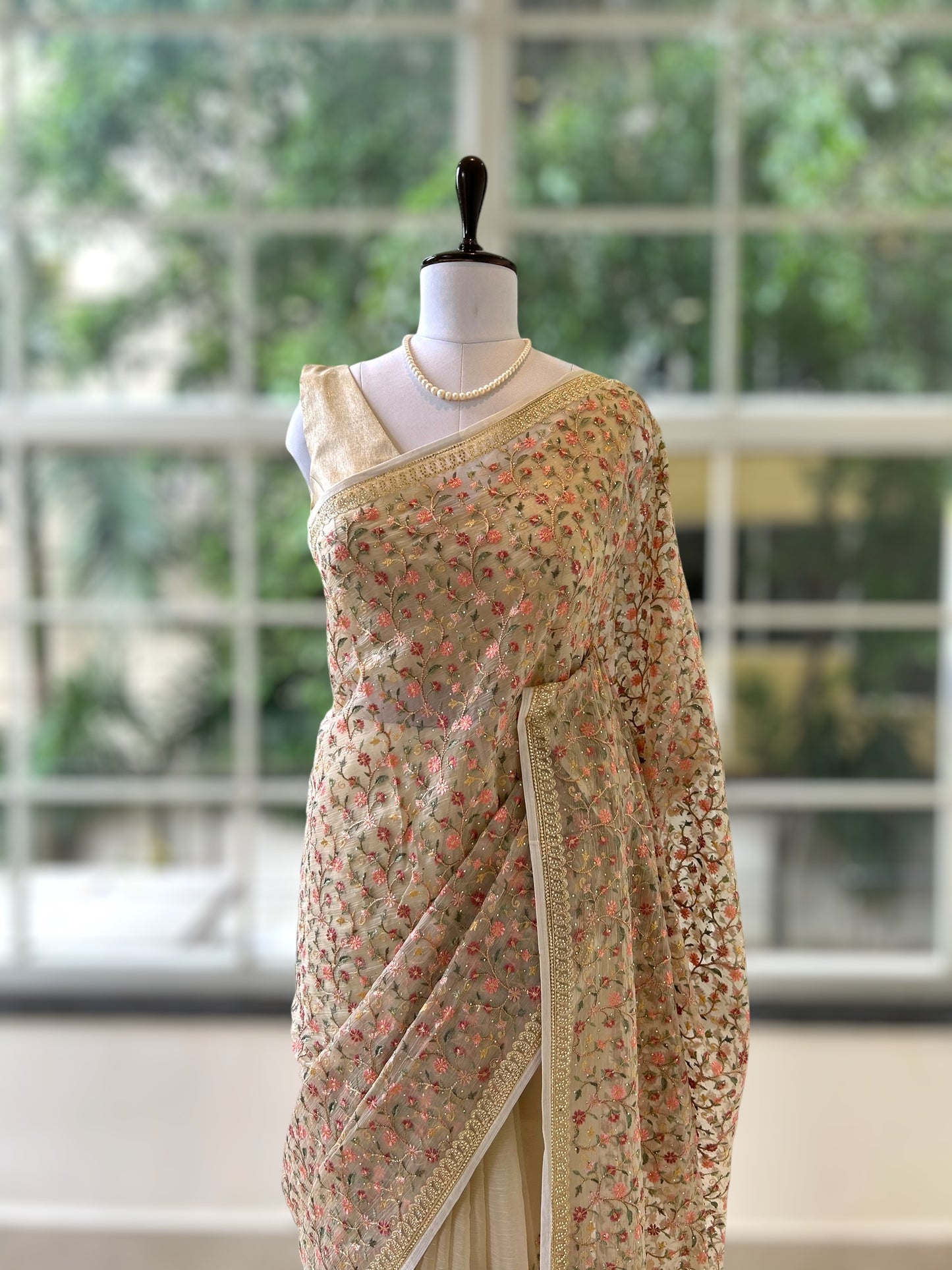 Floral embroidered chiffon saree - Golden