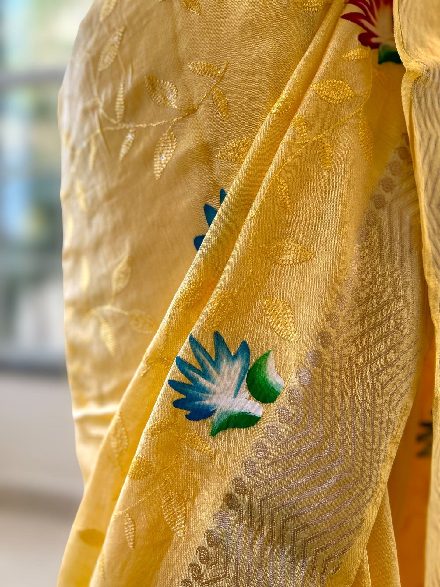 Yellow hand painted saree