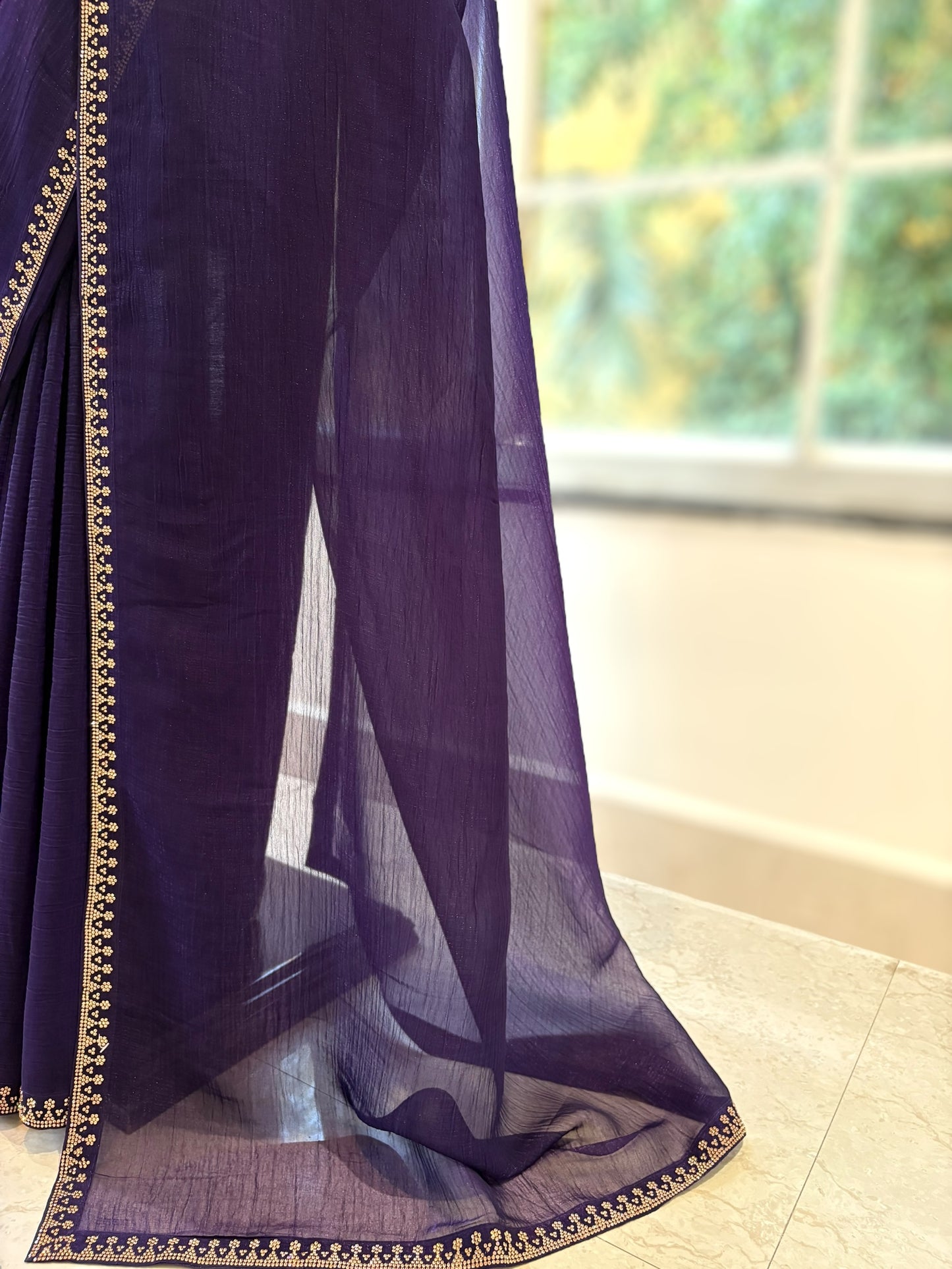 Swarovski embellished chiffon saree - Violet