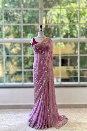 Pure shimmer organza embellished saree - Lilac