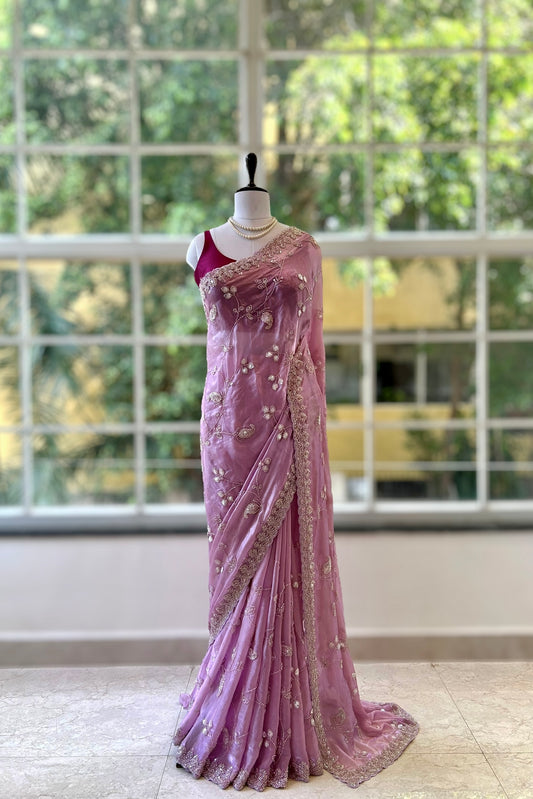 Pure shimmer organza embellished saree - Lilac