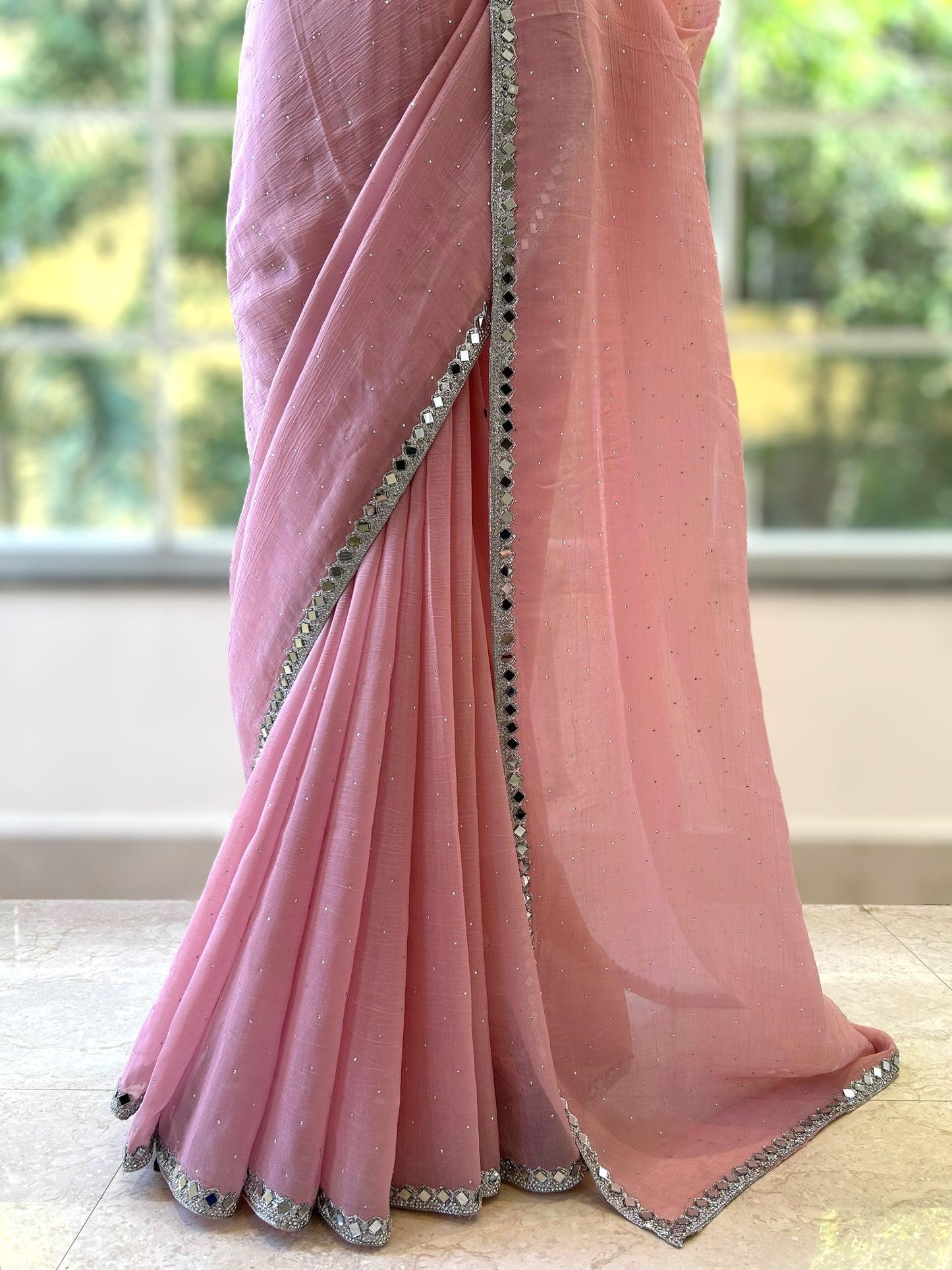 Pink mirror work chiffon saree