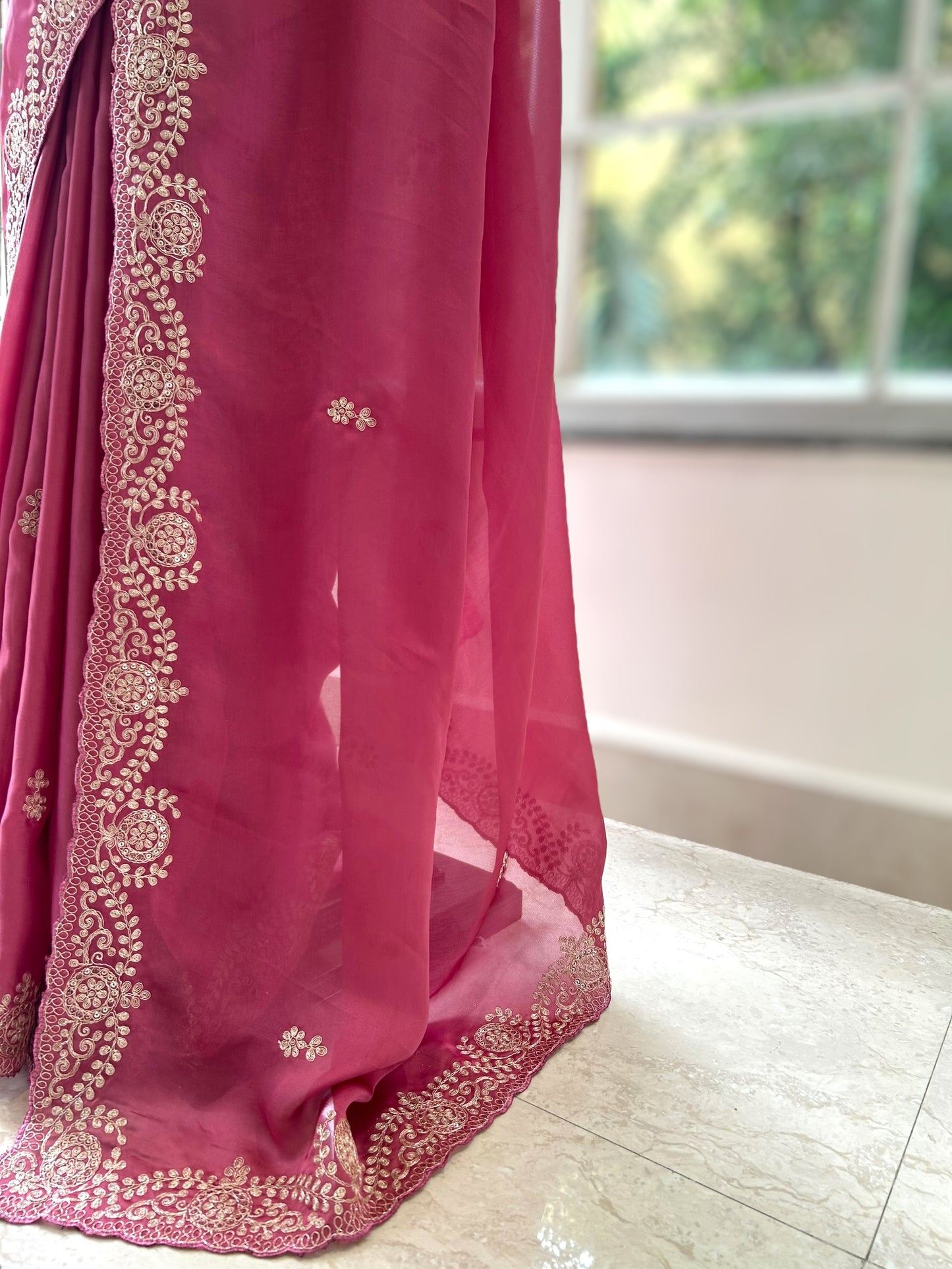 Satin chiffon aari work saree - Pink