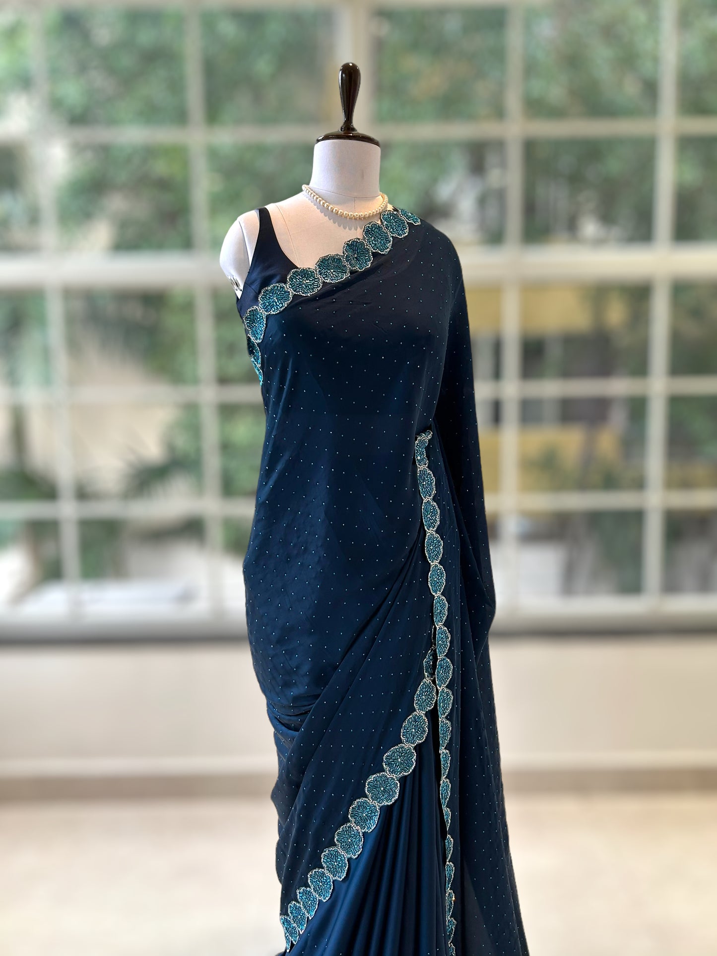 Navy blue sequins satin saree