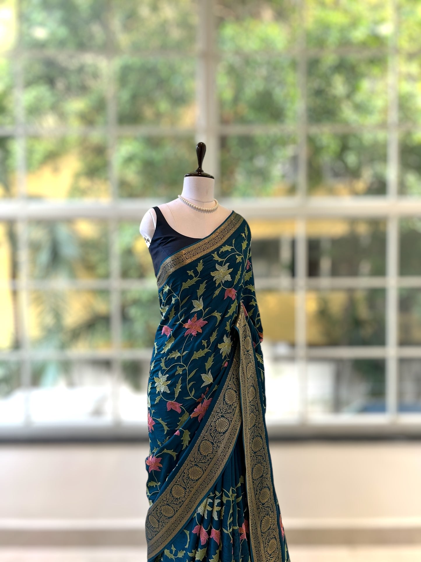 Resham embroidered saree - Teal blue