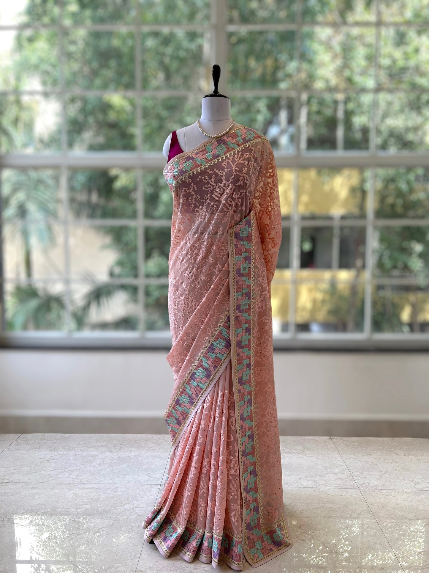 Pink georgette threadwork saree