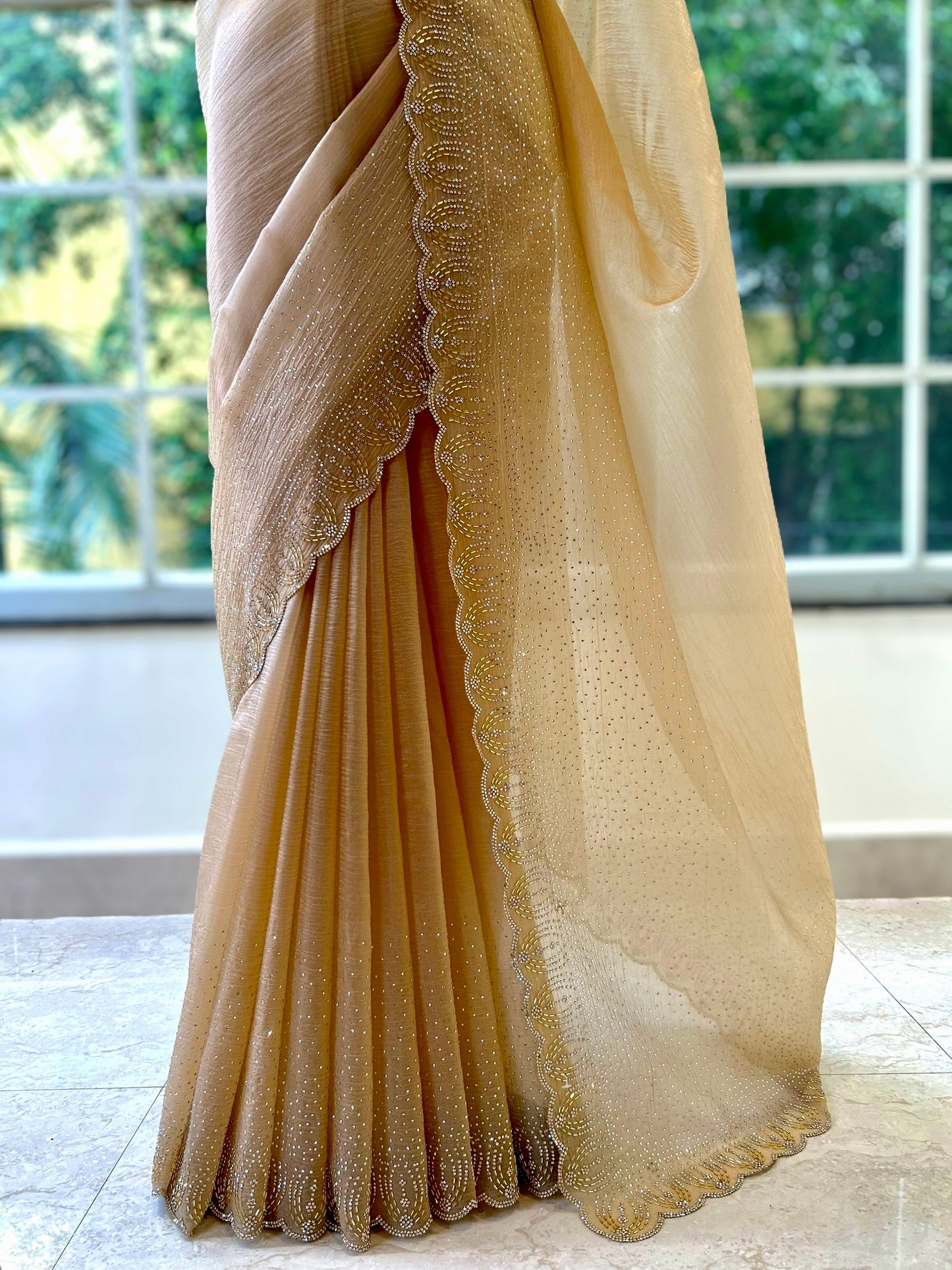 Golden swarovski embellished saree