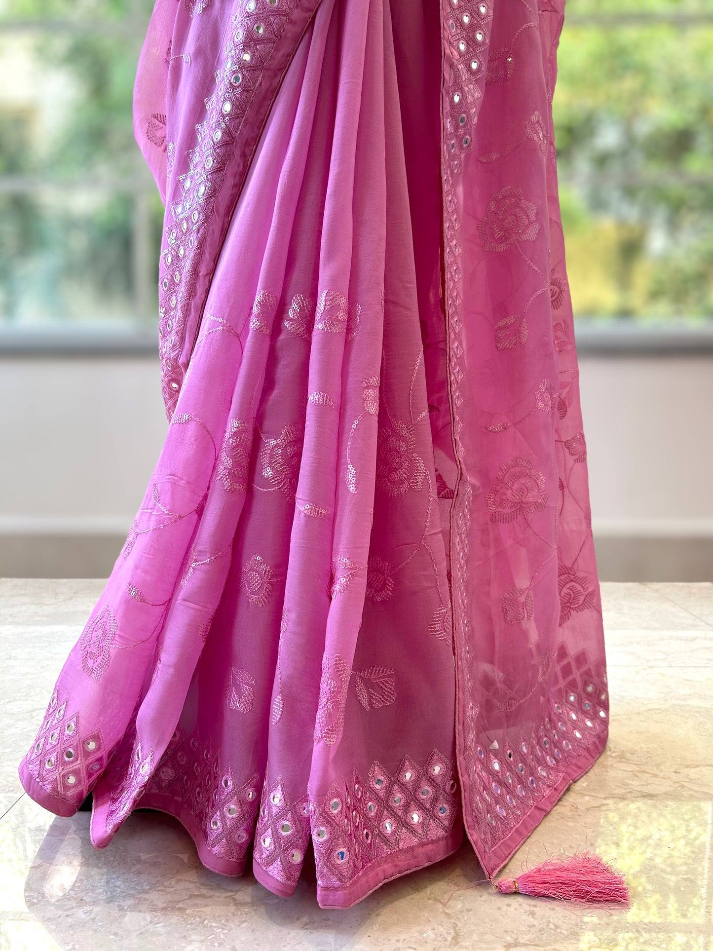 Organza mirror work saree - Pink