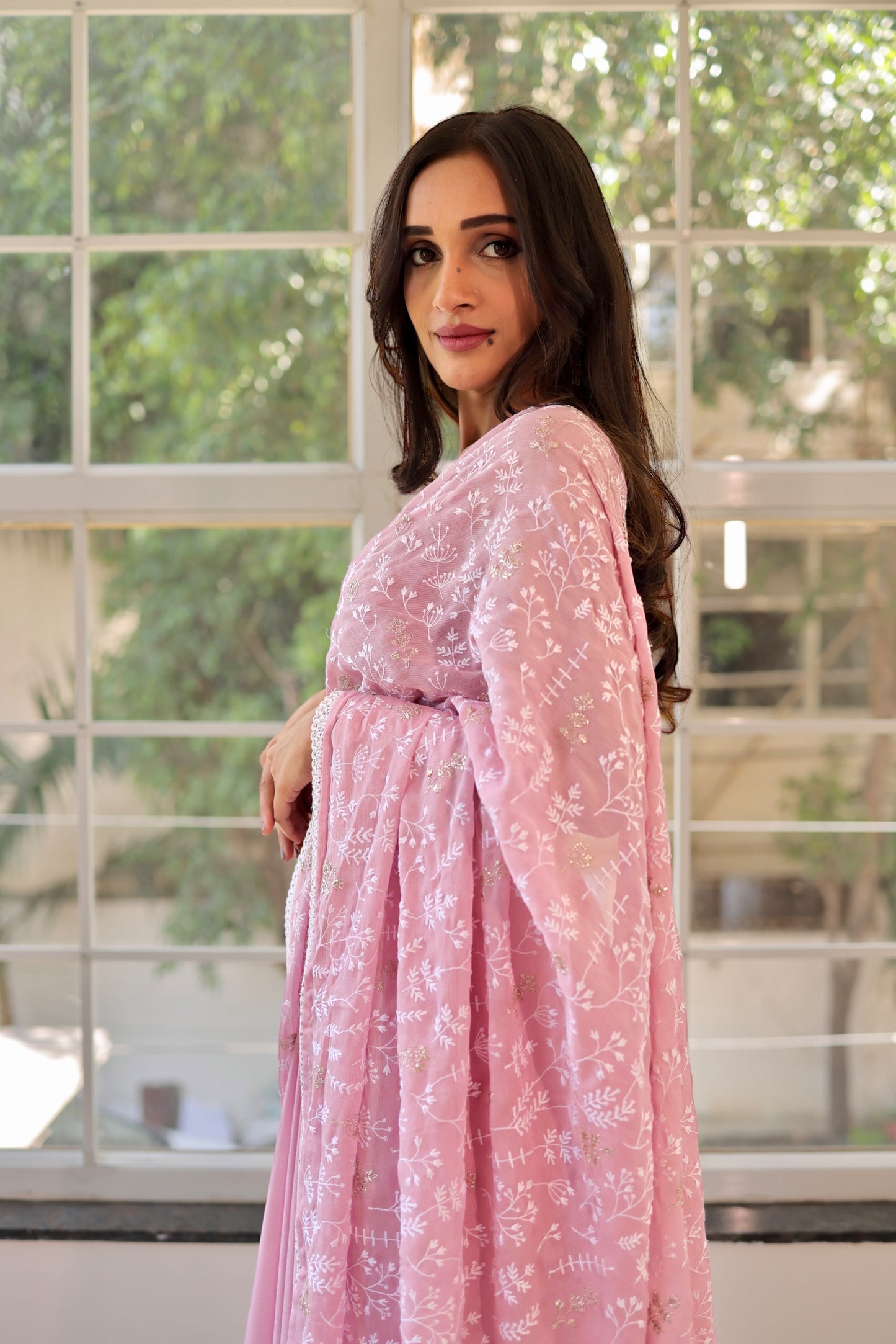 Pink chiffon saree