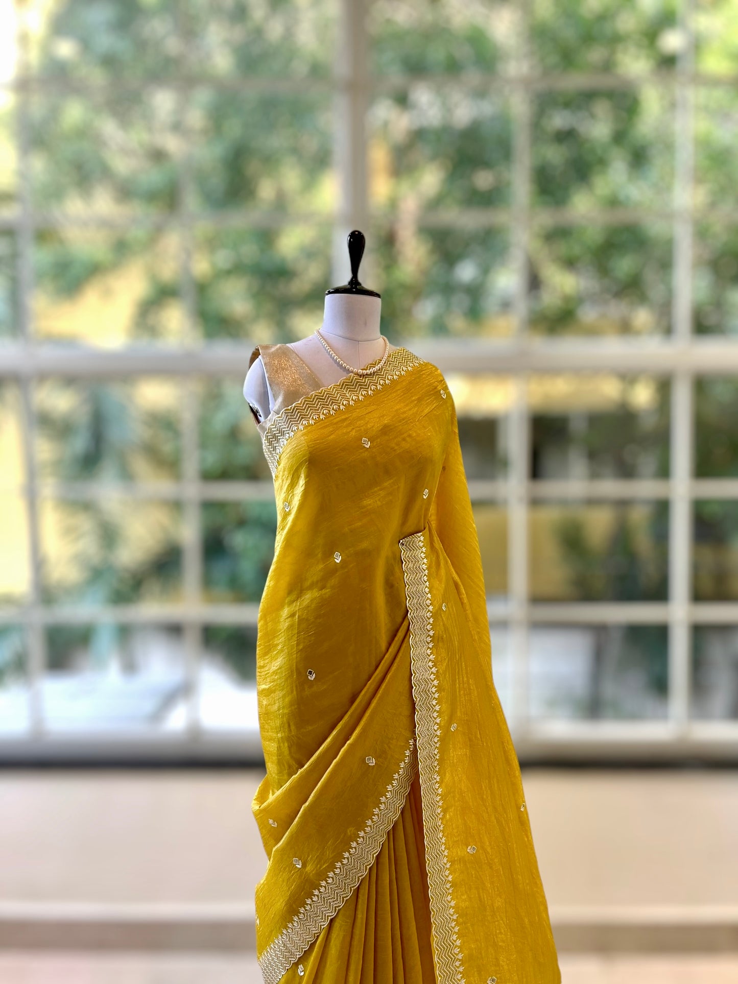 Threadwork organza saree - Yellow