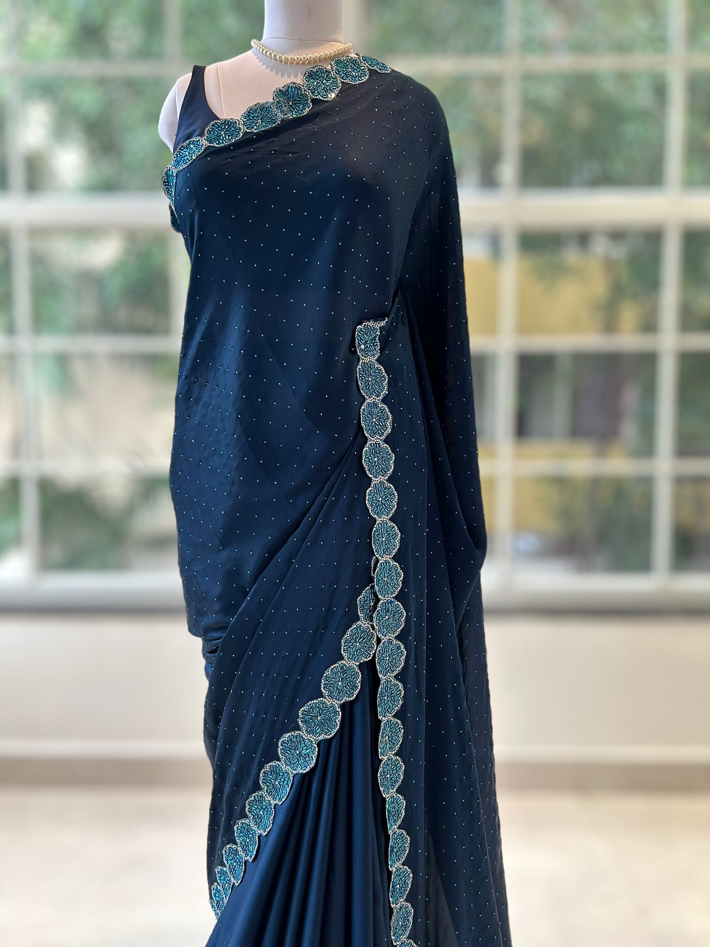 Navy blue sequins satin saree