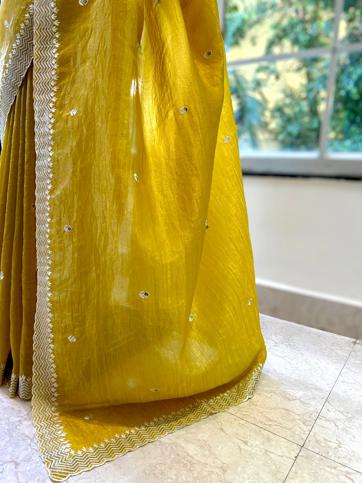 Threadwork organza saree - Yellow