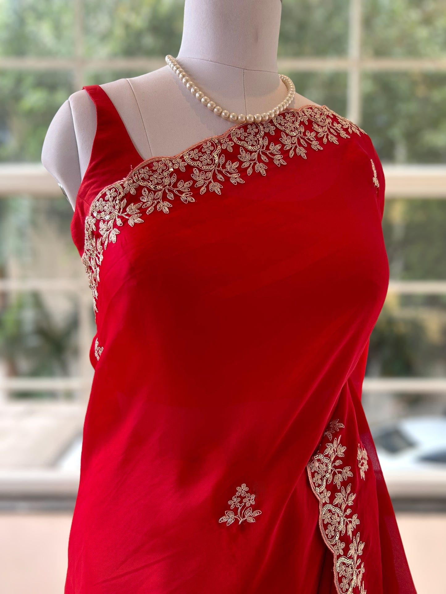 Satin chiffon aari work saree - Red