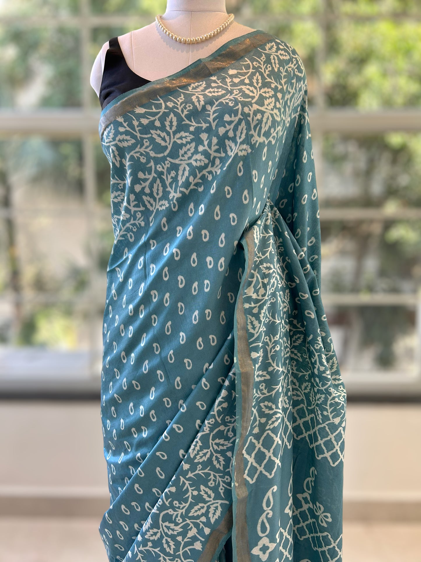 Blue Muslin cotton saree