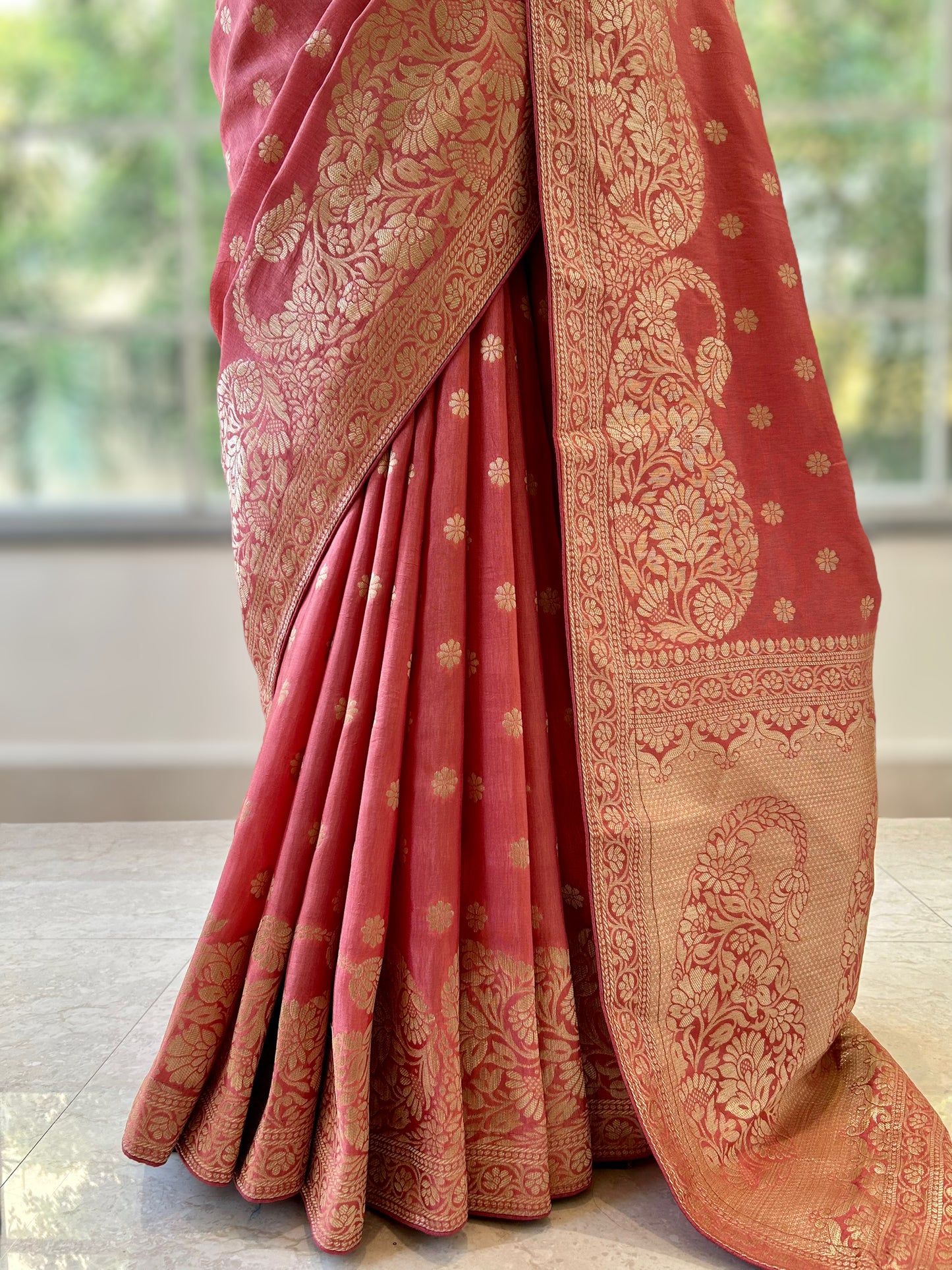 Peach pure dola silk saree