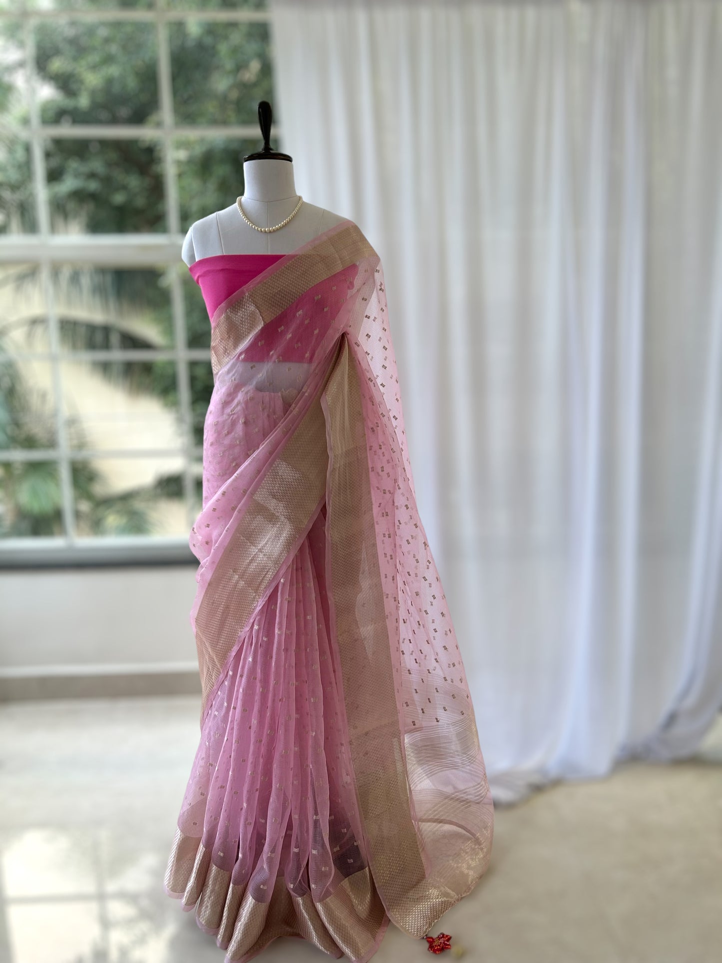 Zari organza saree - Baby pink