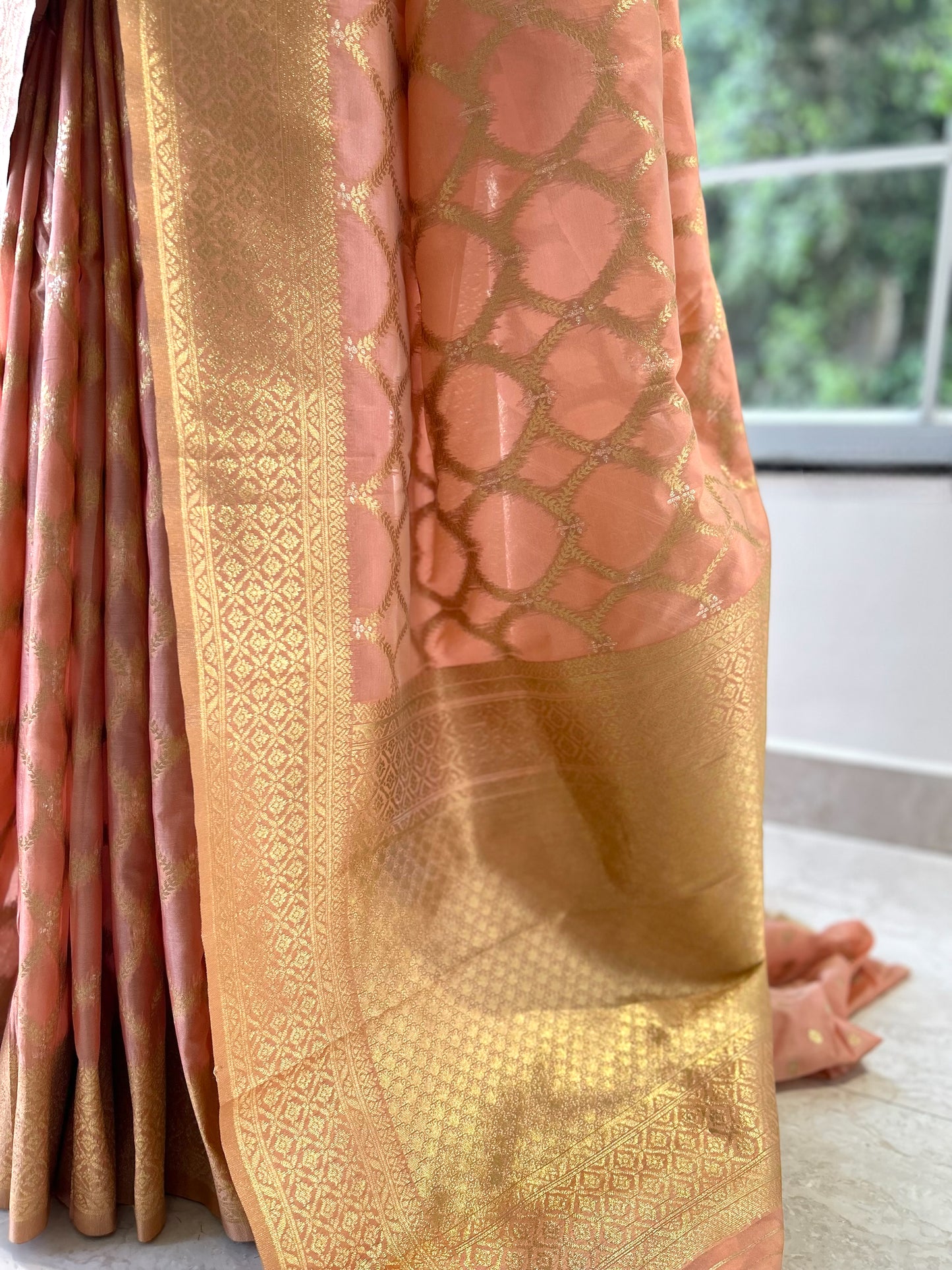 Pastel pink crepe silk saree