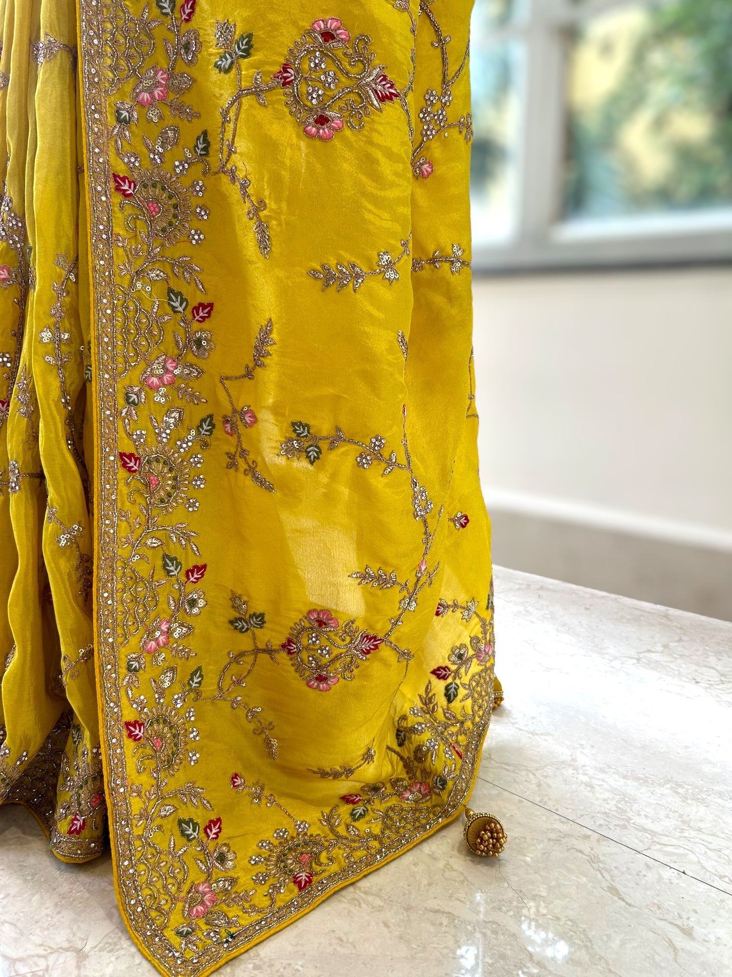 Yellow pure silk saree