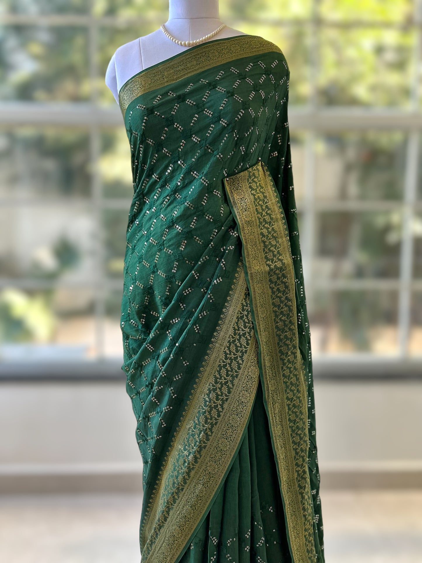 Bottle green sequins saree