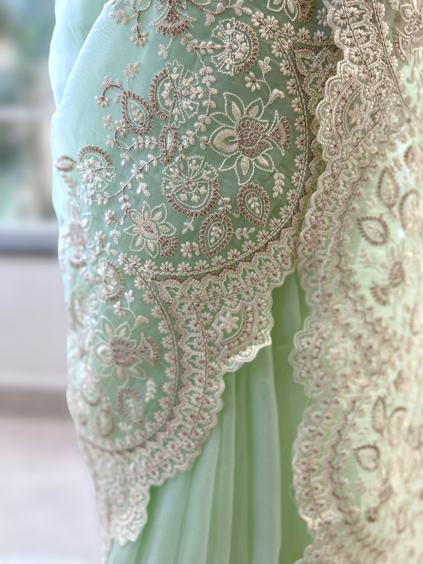 Organza zariwork saree - Green