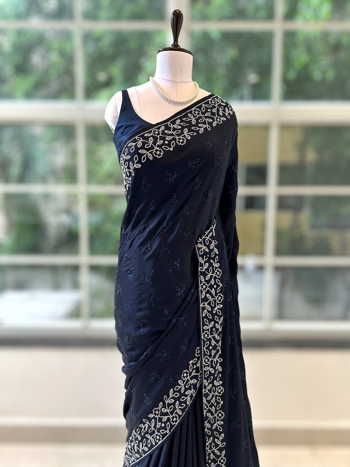 Navy blue satin saree