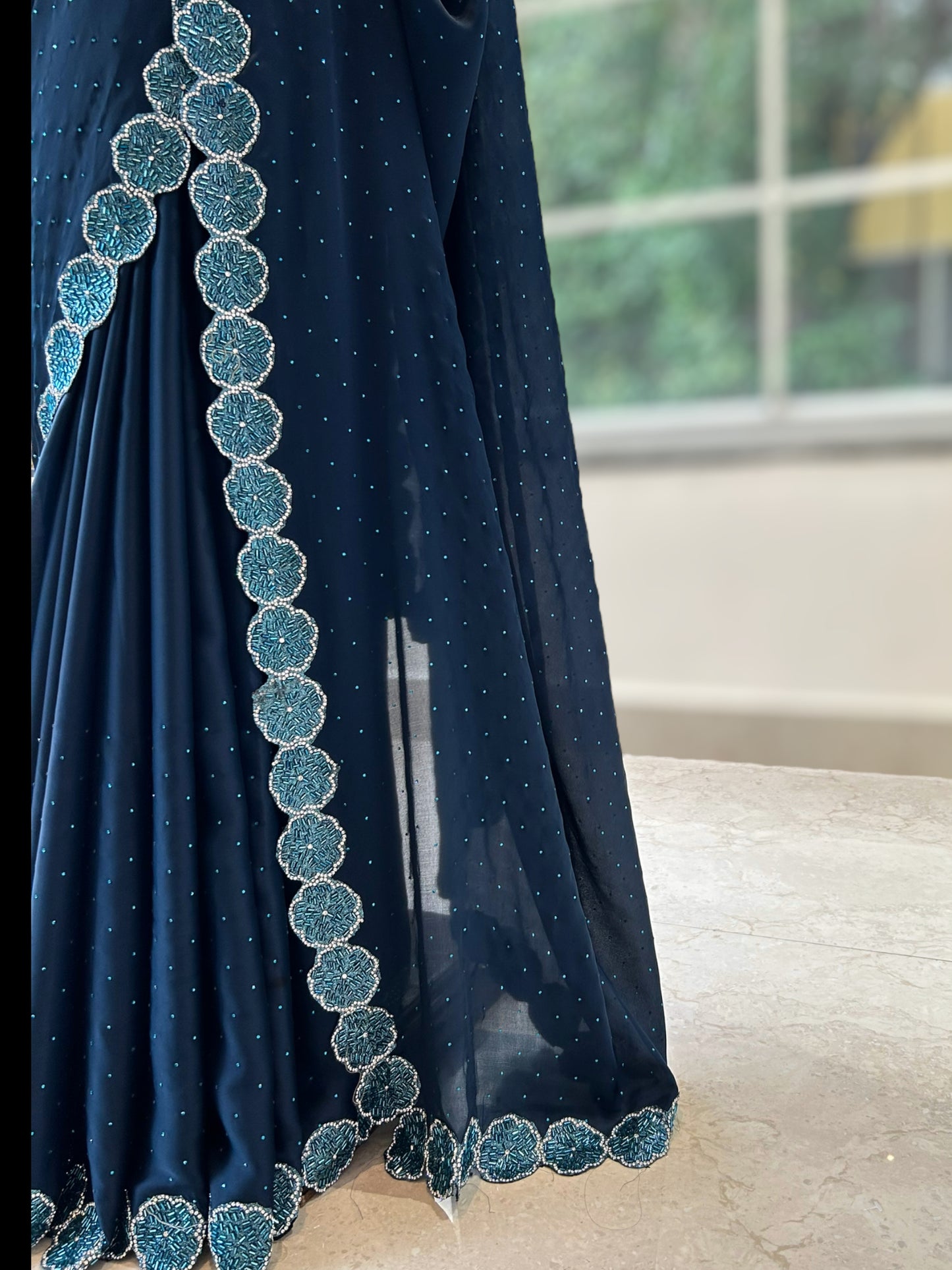 Navy blue sequins satin saree