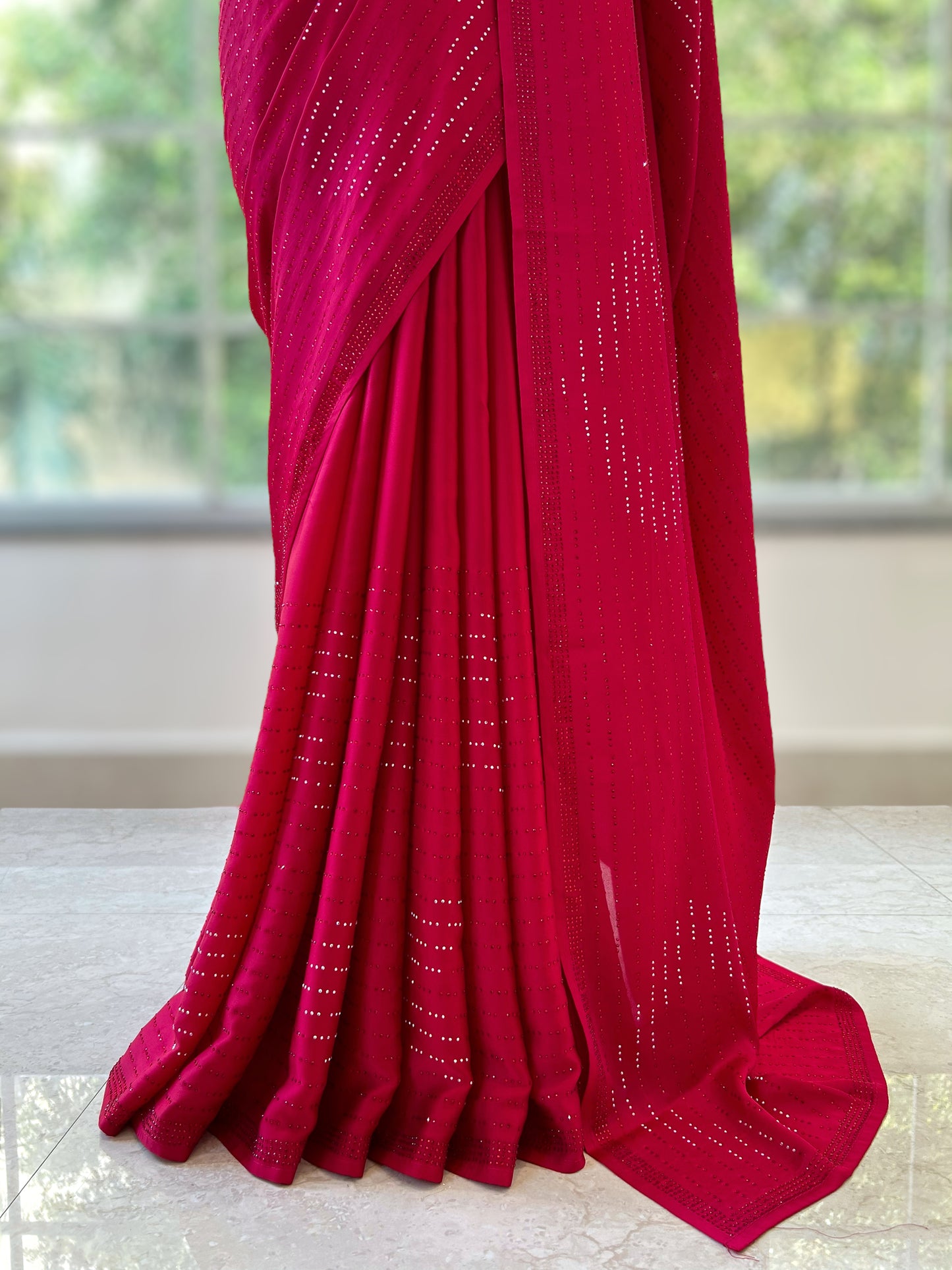 Swarovski satin saree - Cherry red