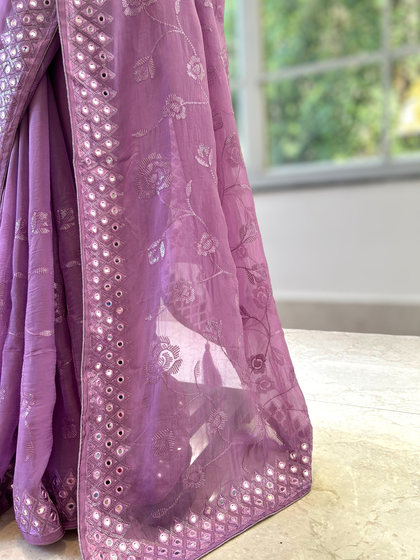 Organza mirror work saree - Purple