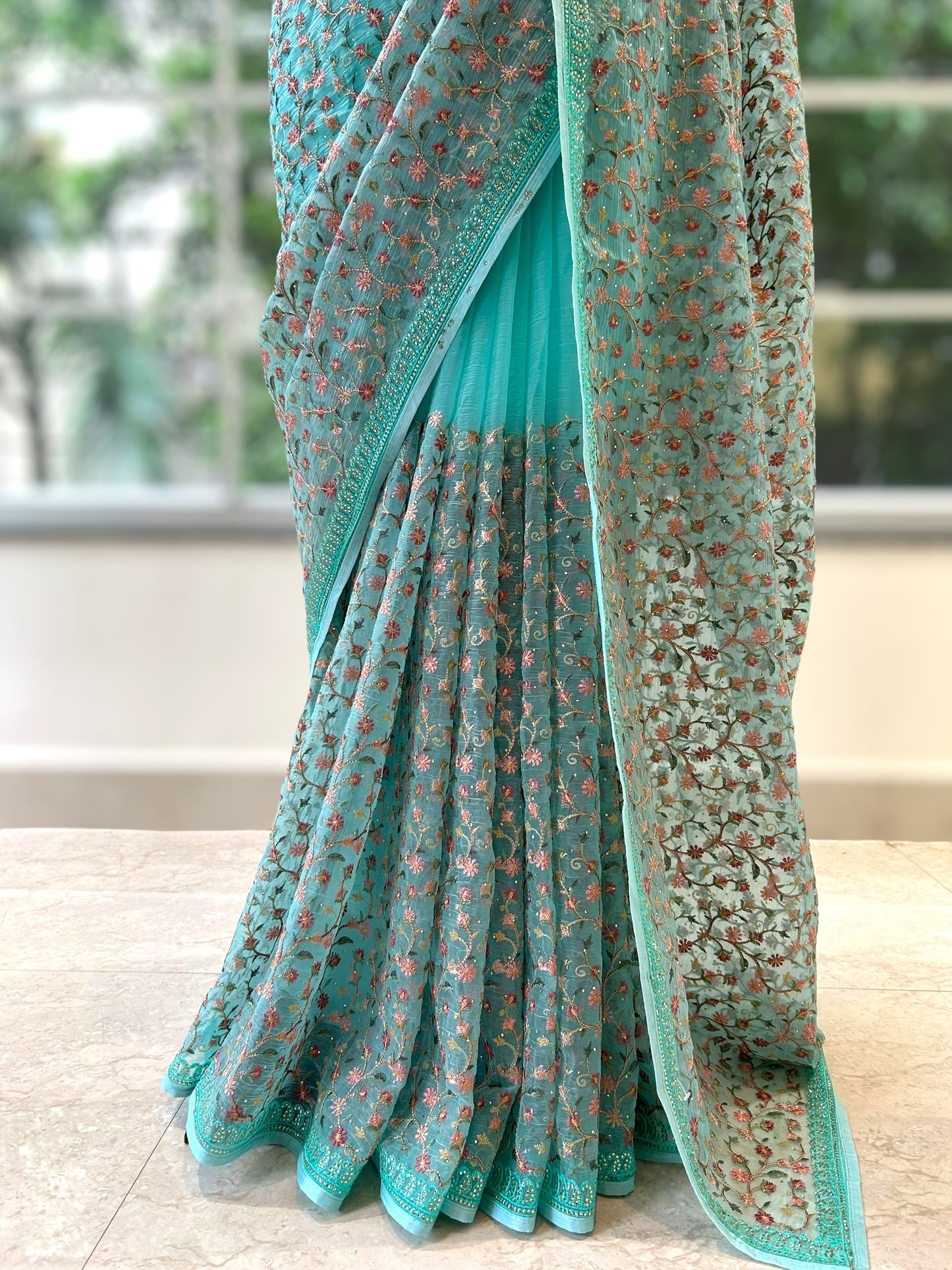 Floral embroidered chiffon saree - Blue