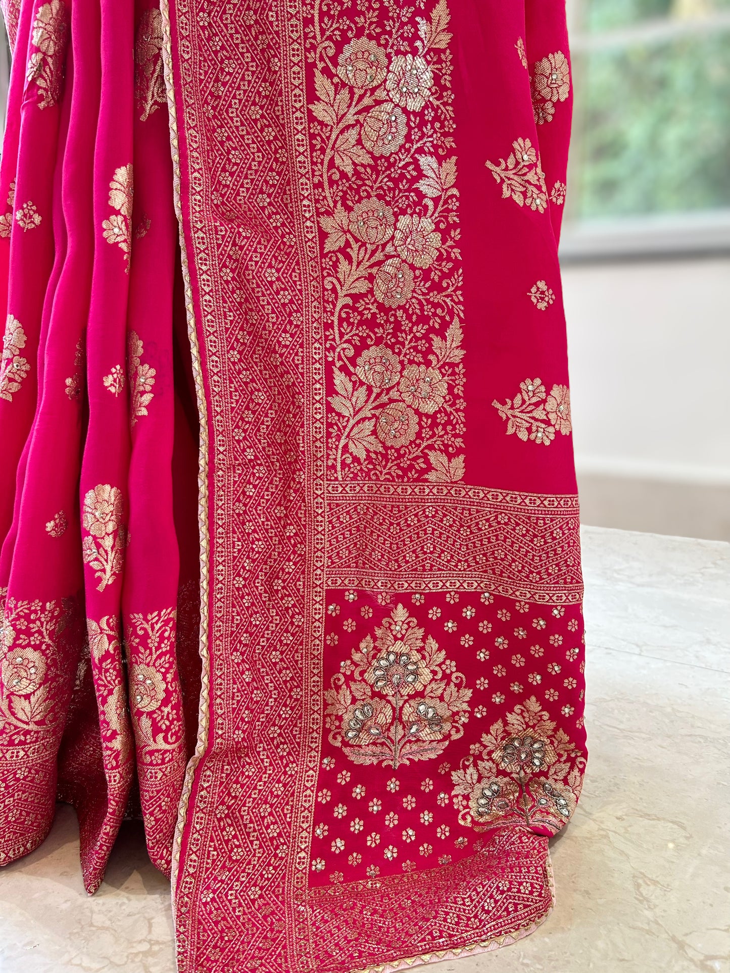 Dola silk stone work saree - Rani Pink