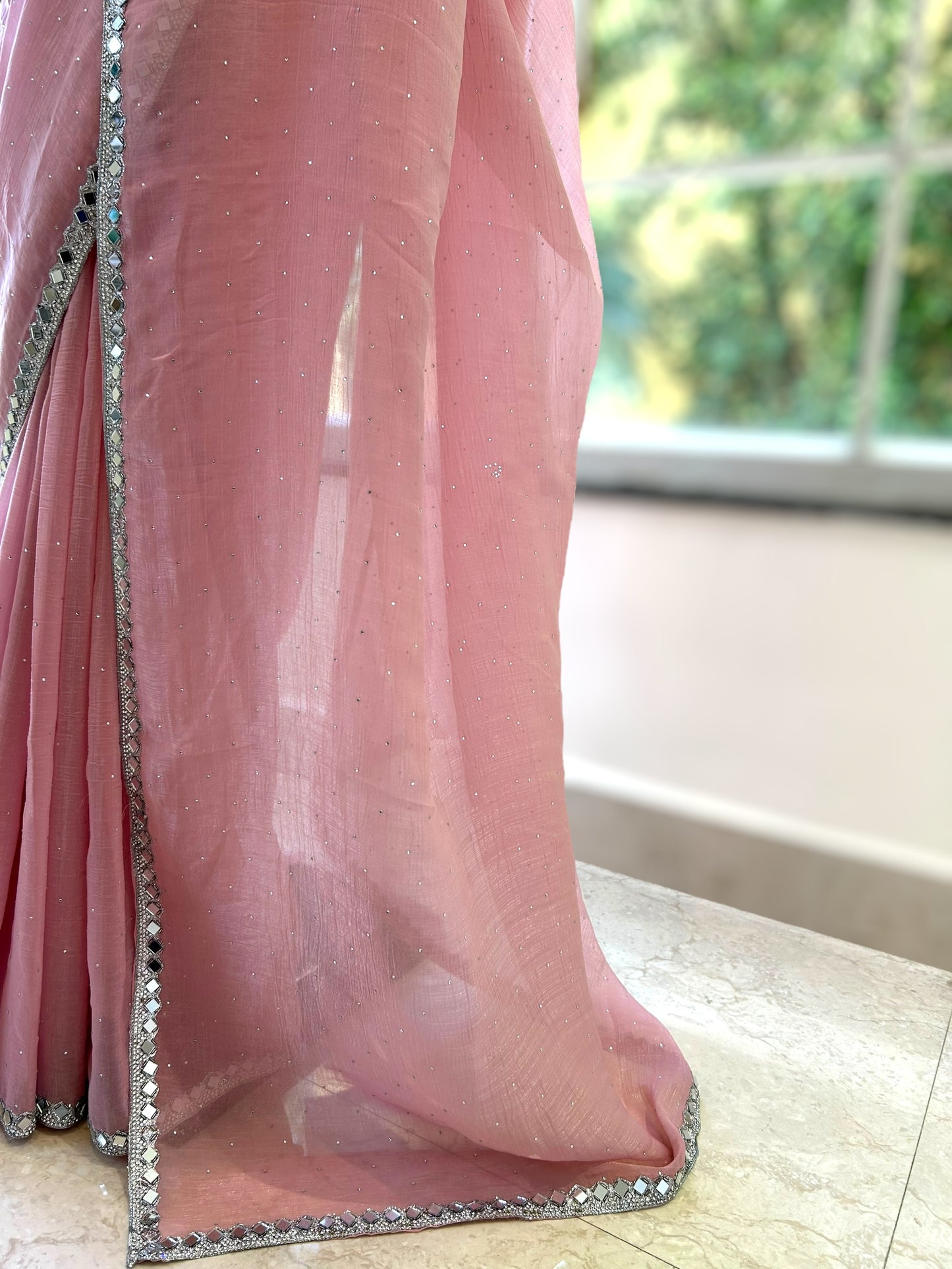 Pink mirror work chiffon saree