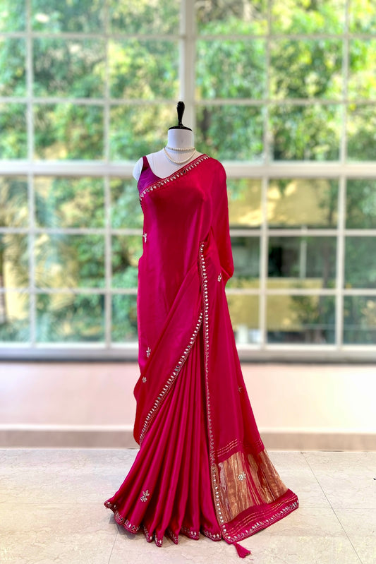 Modal satin mirror work saree - Pink