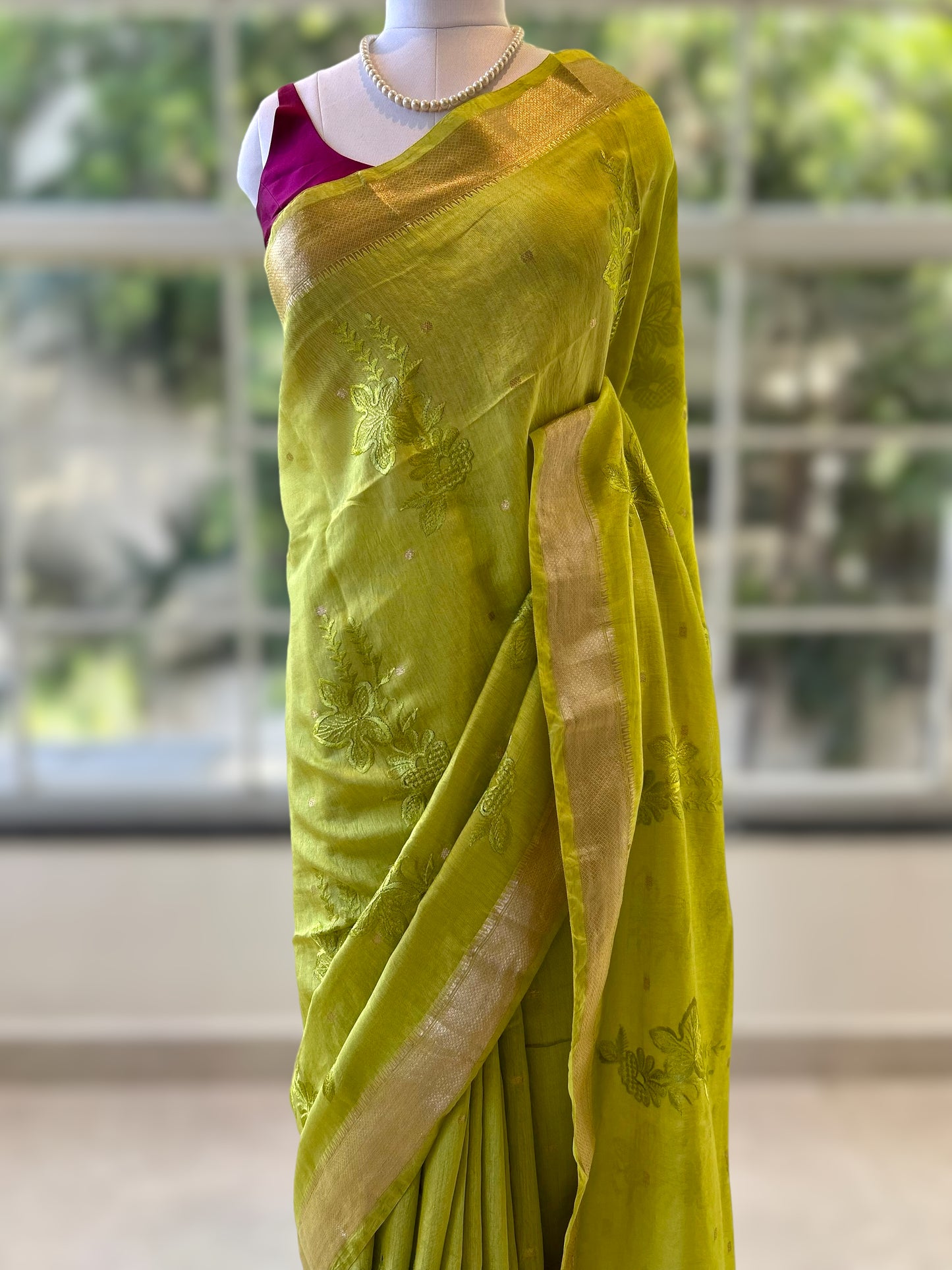 Parrot green pure soft chanderi cotton saree