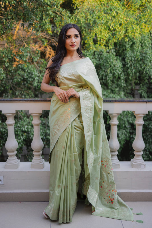 Pista green soft silk saree