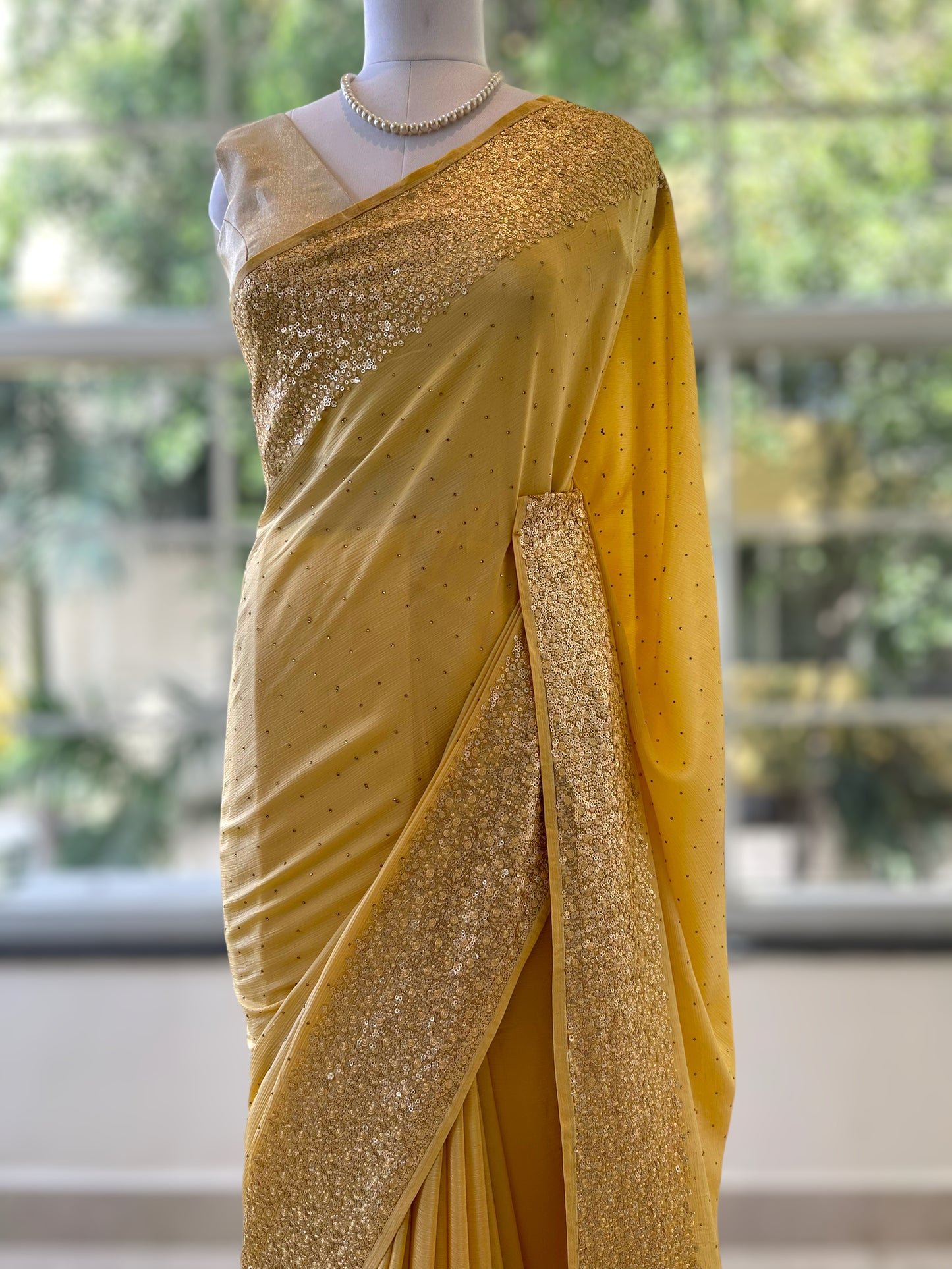 Chiffon sequins saree - Yellow