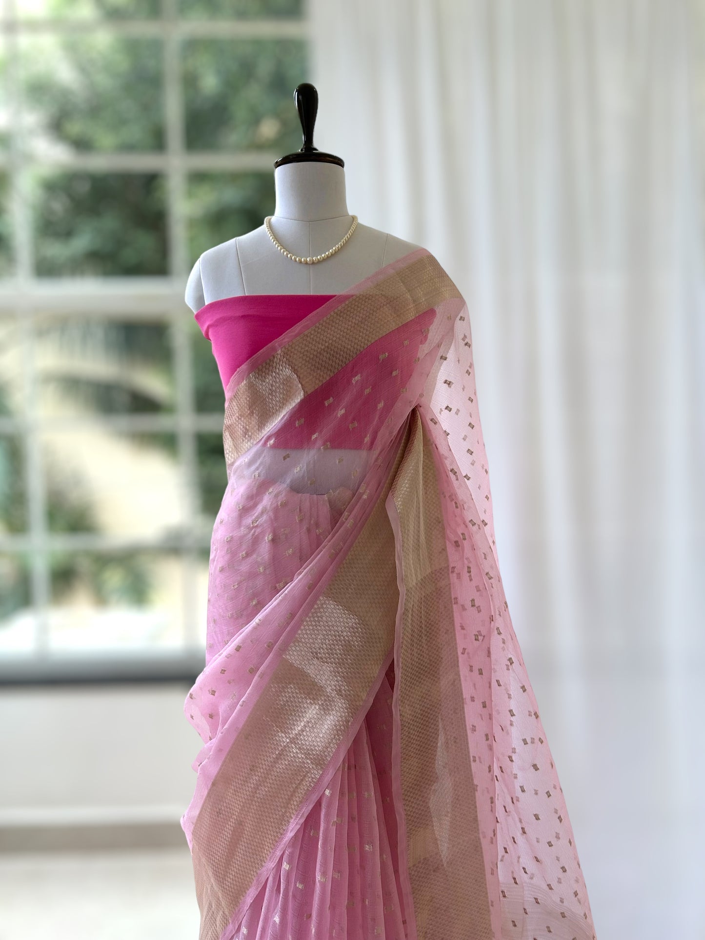 Zari organza saree - Baby pink