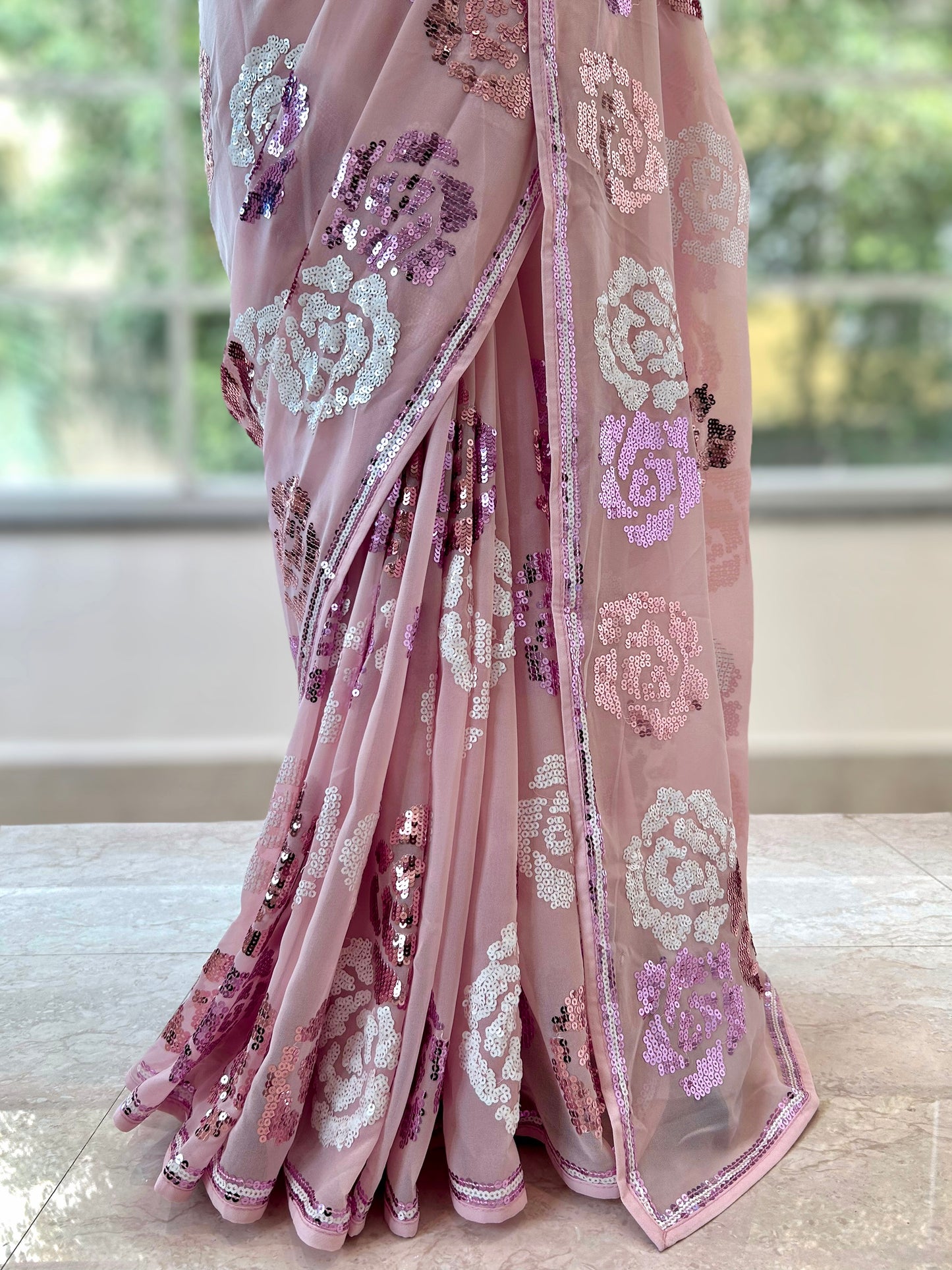 Rose sequins georgette saree - Baby pink