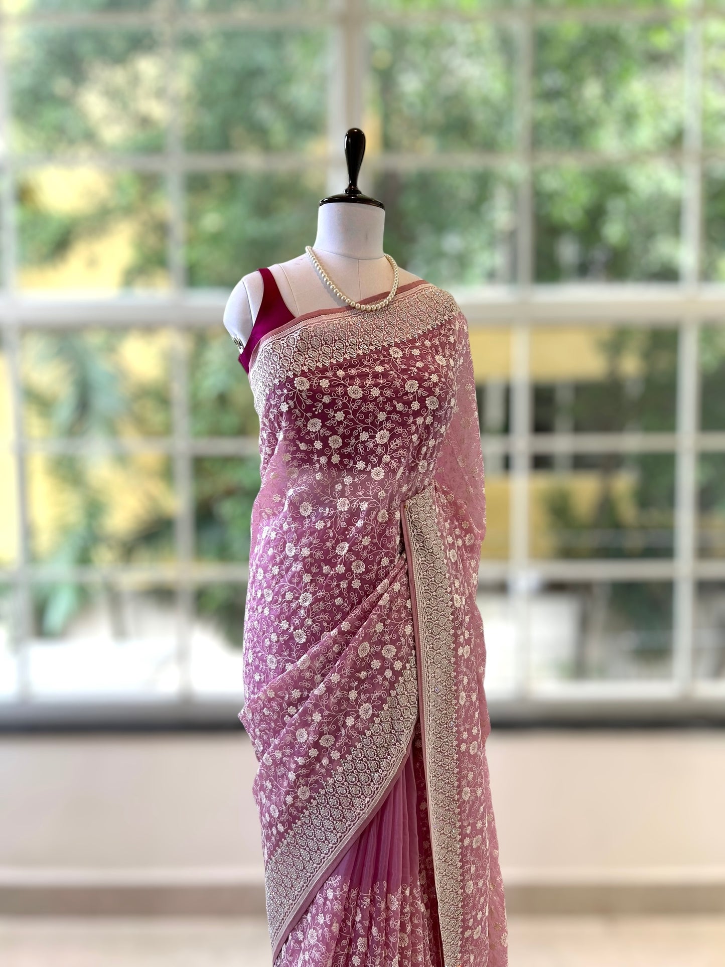 Floral embroidered organza saree - Pink