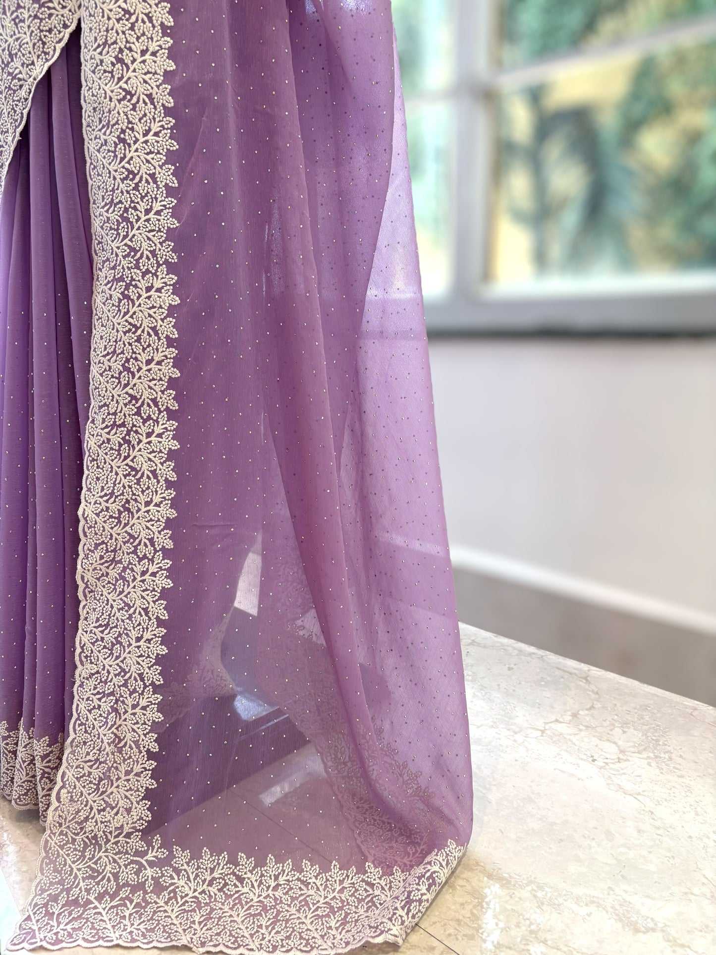 Chiffon threadwork saree - Lilac