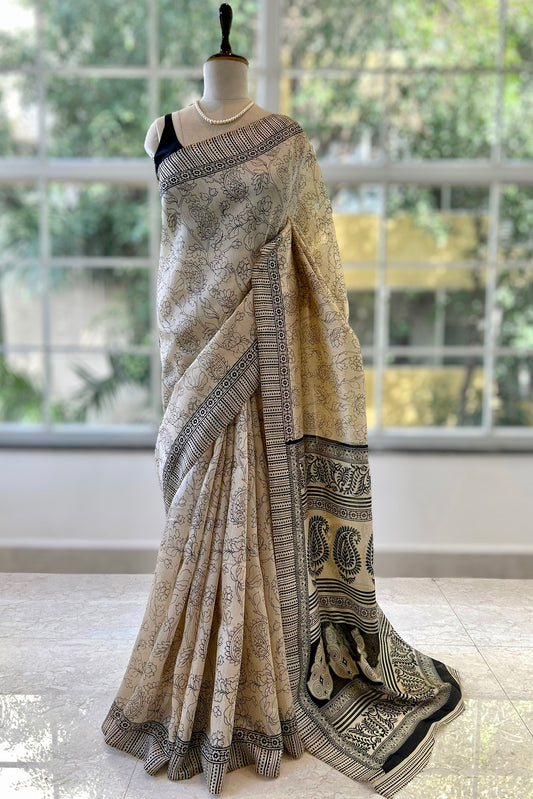 Cream printed tussar saree