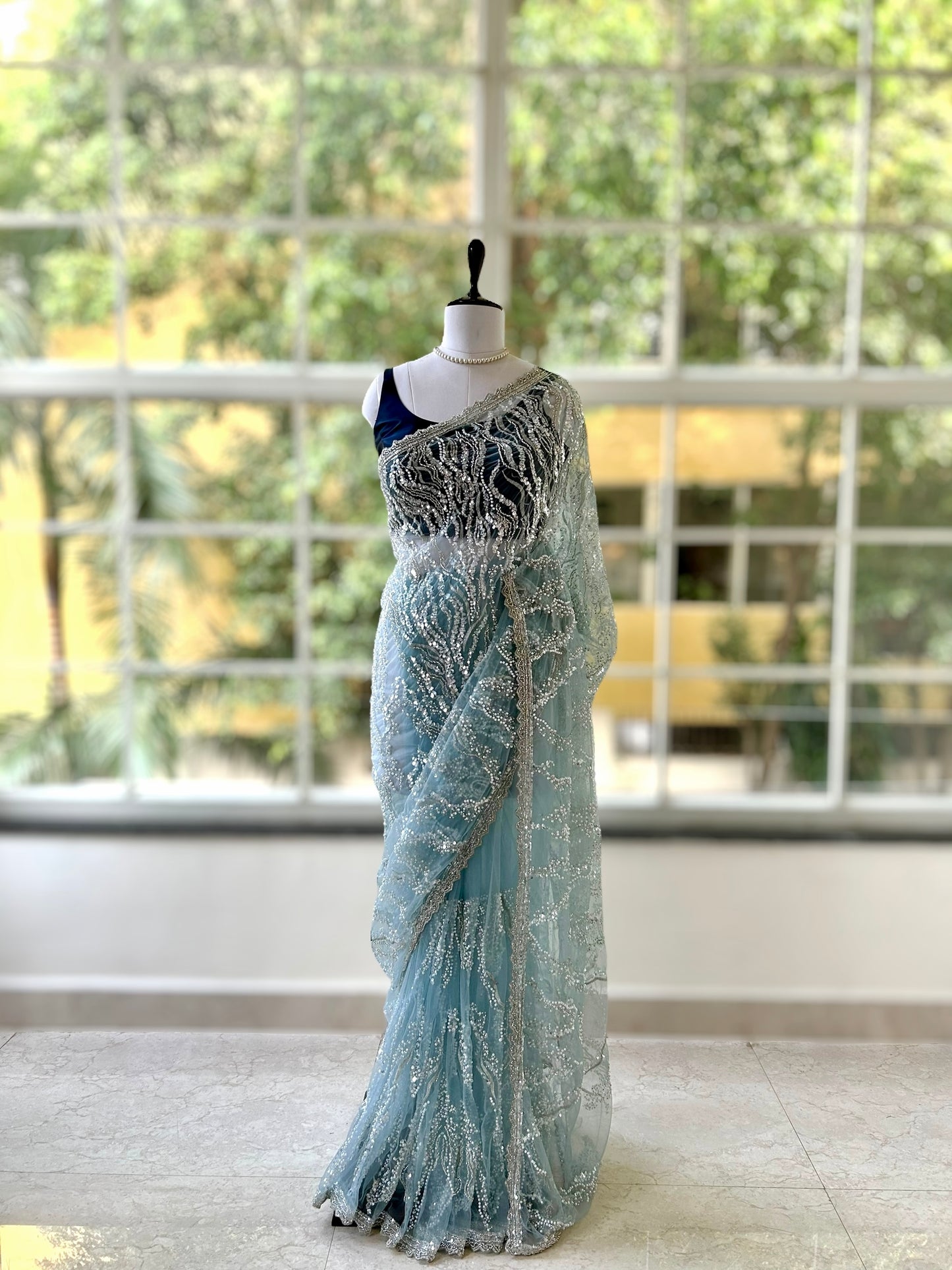 Sequins pearl saree - Sky Blue