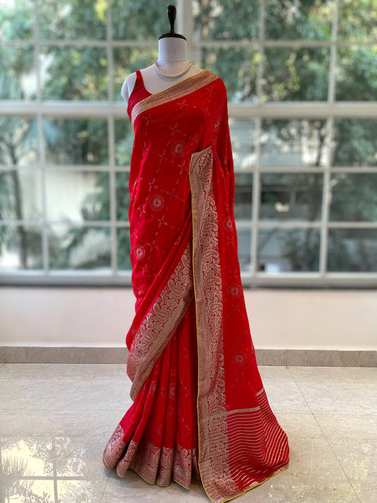 Red sequins zari saree