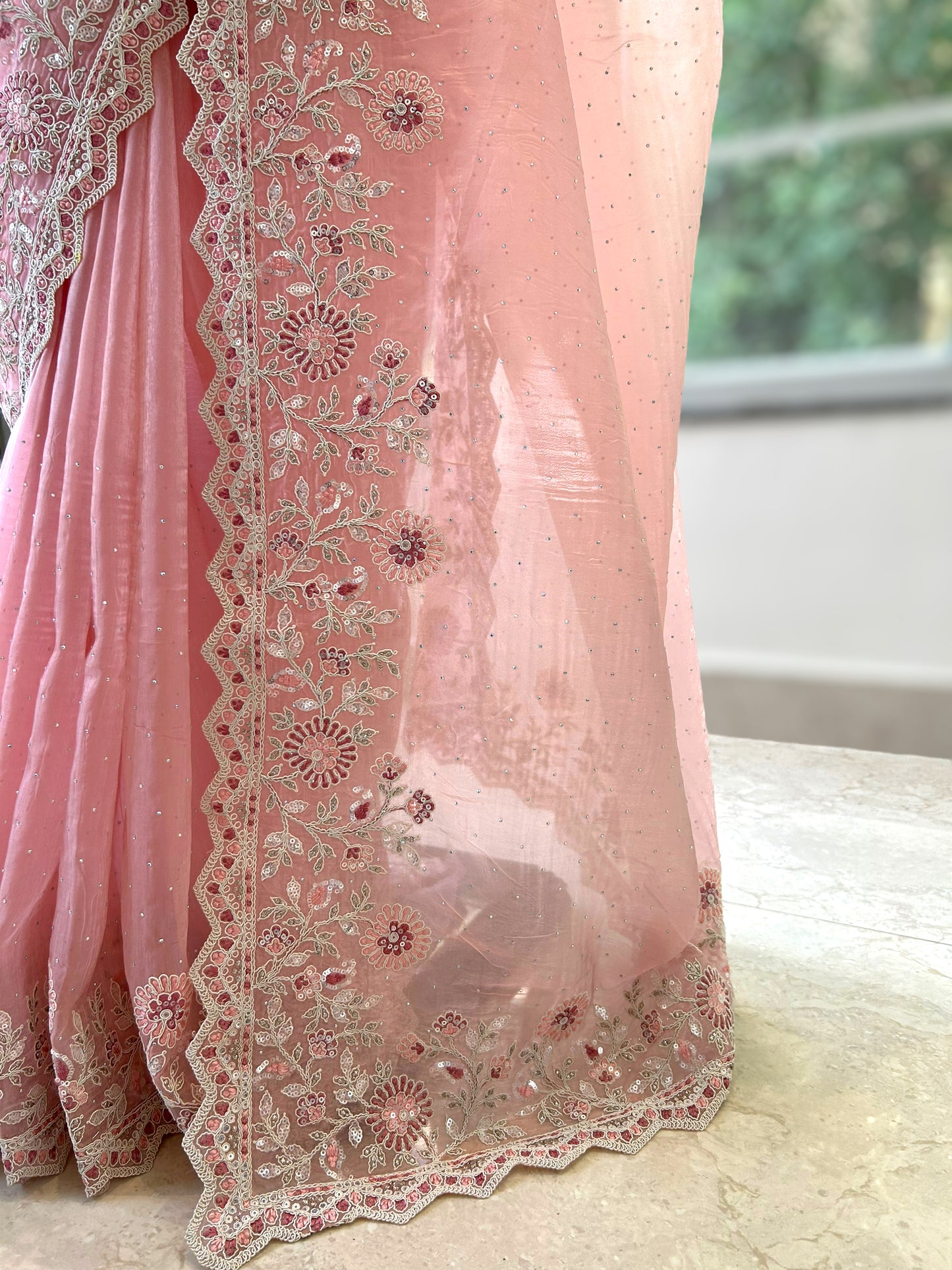 Baby pink threadwork organza saree