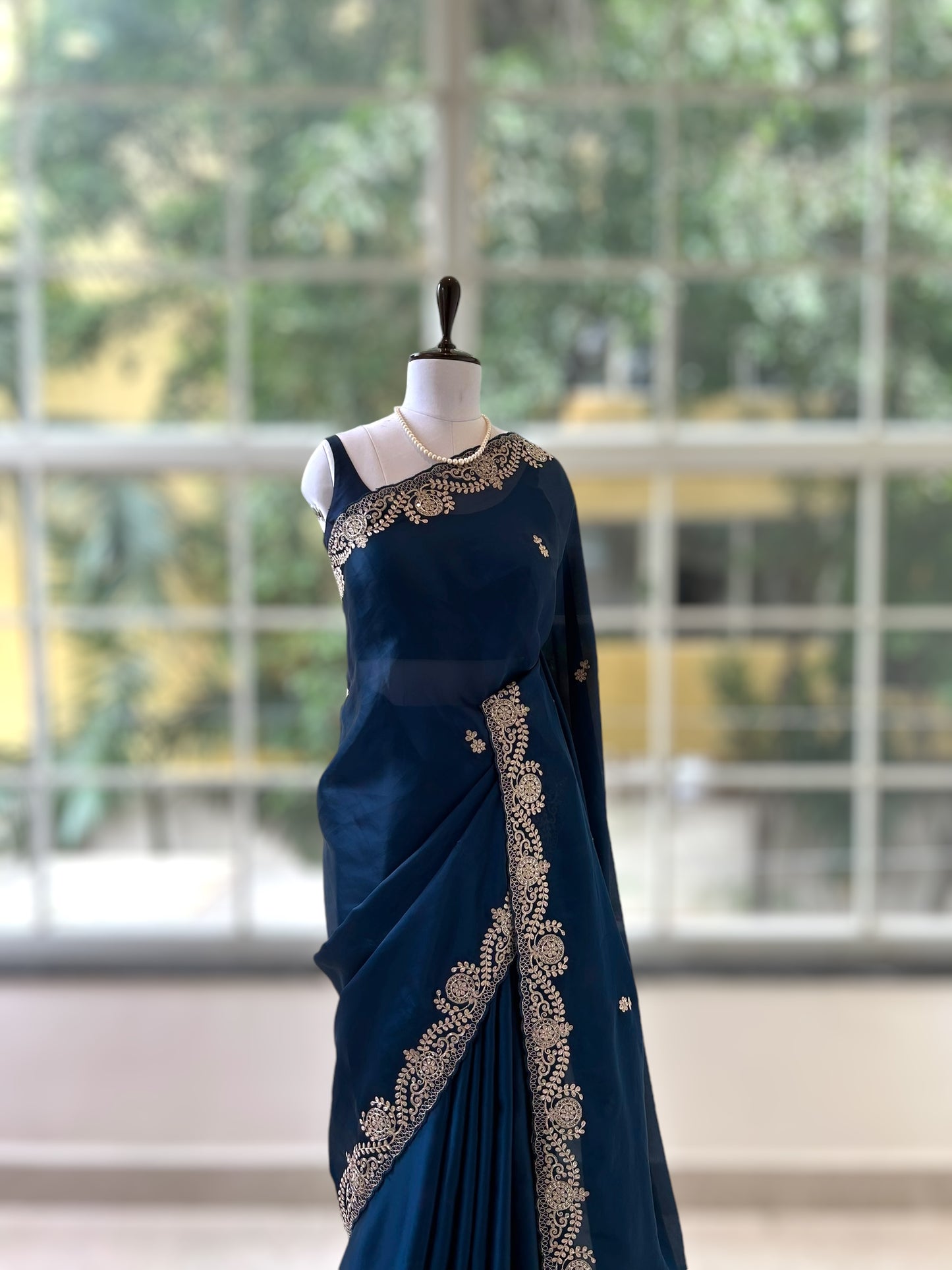 Satin chiffon aari work saree - Navy Blue