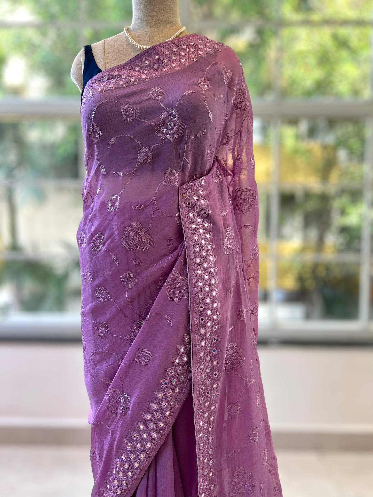 Organza mirror work saree - Purple