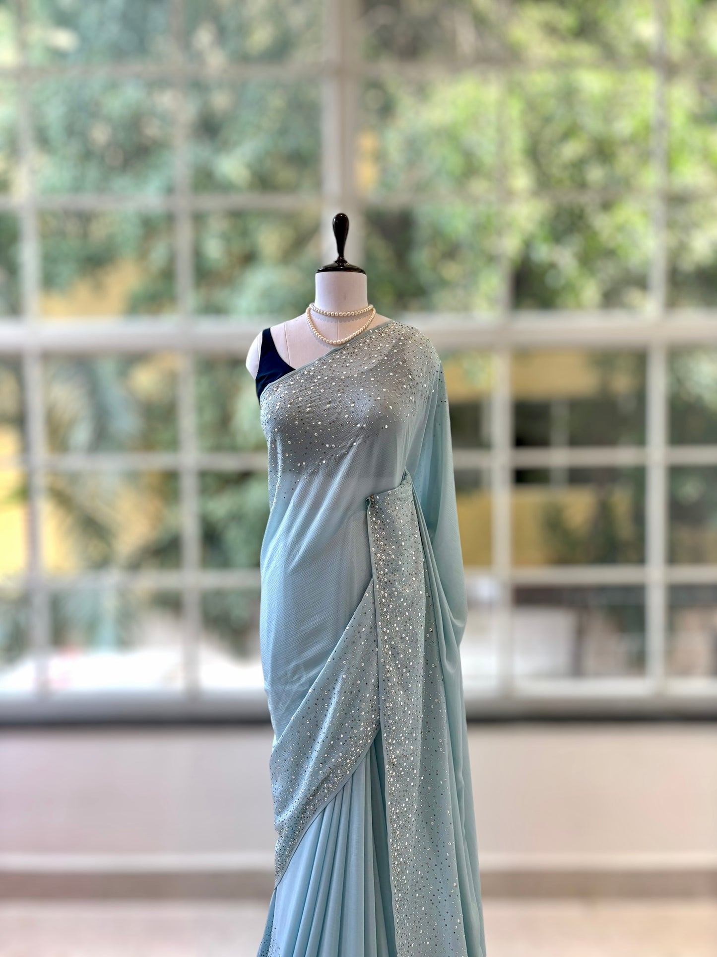 Starry sequins chiffon saree - Blue