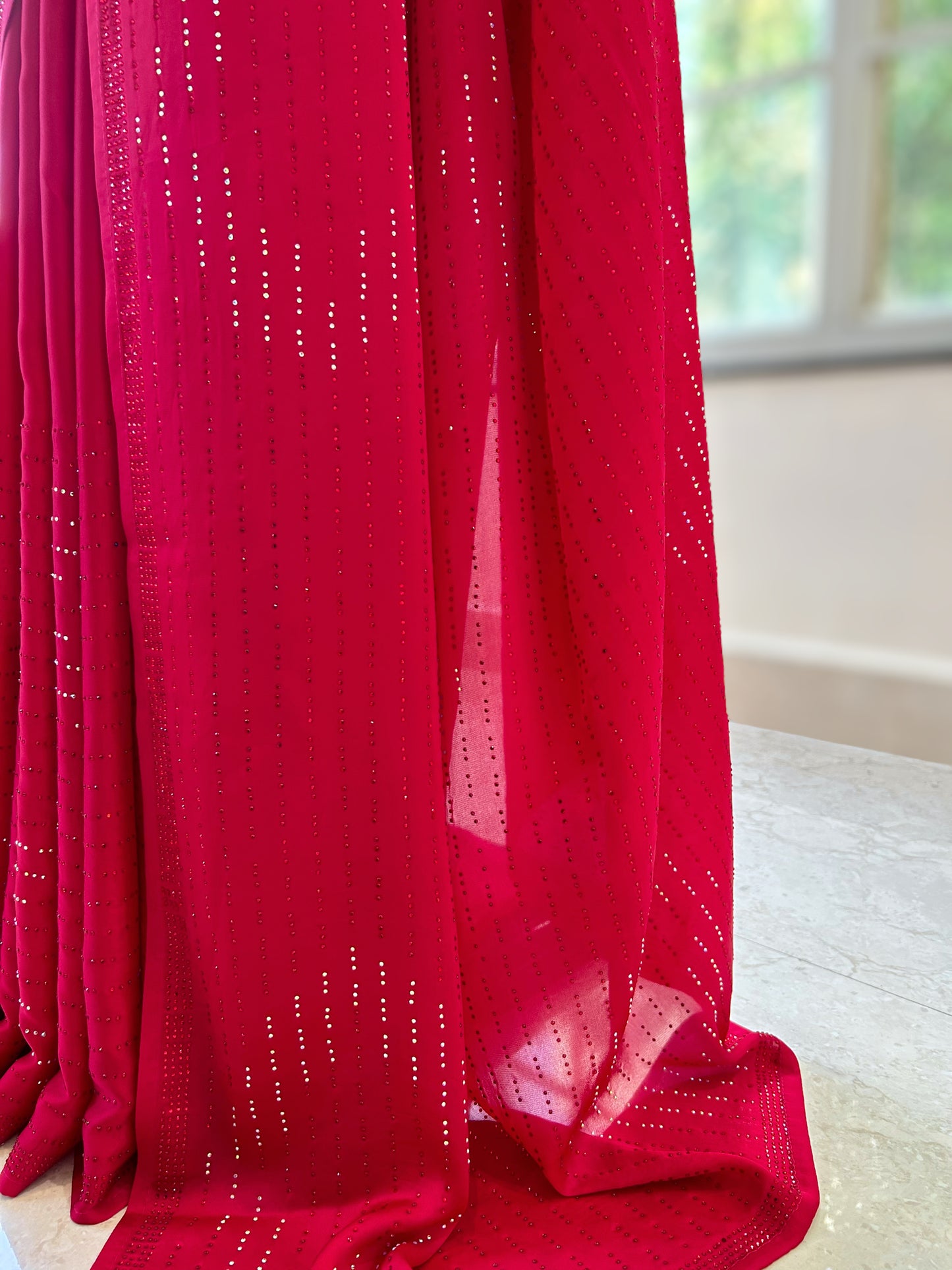 Swarovski satin saree - Cherry red