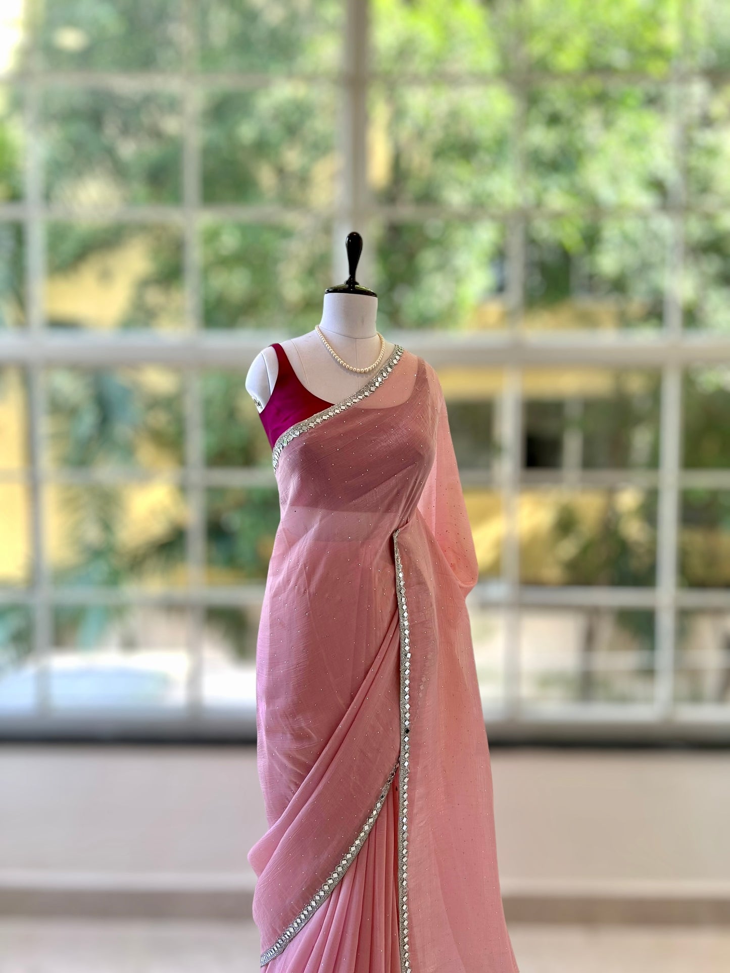 Pink mirror work chiffon saree