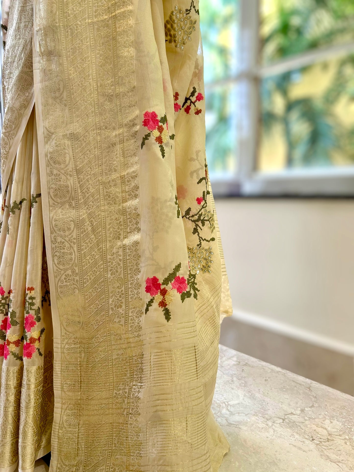 Beige resham work pure chiffon saree